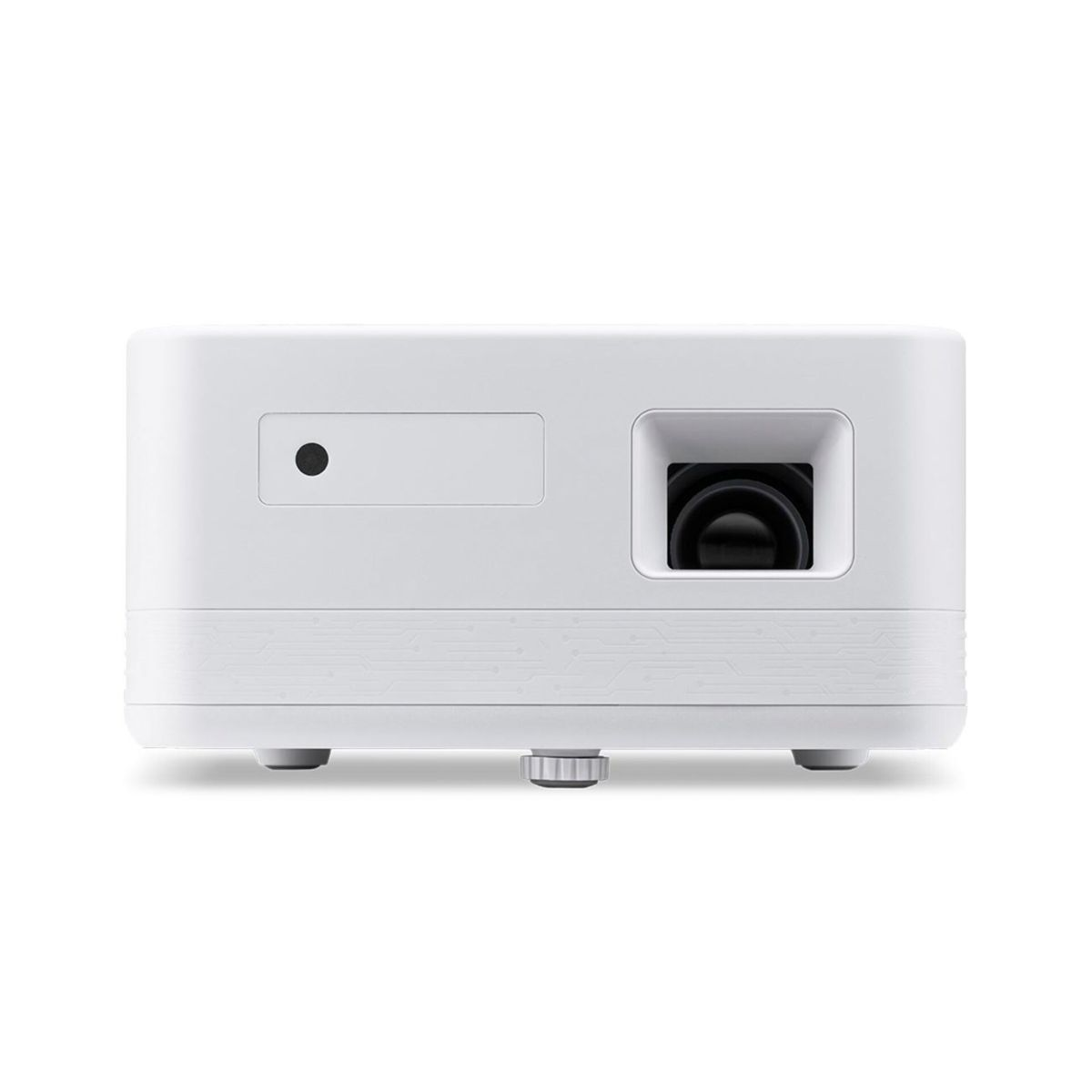 Un mini proyector blanco con una lente grande a la derecha y un pequeño punto negro a la izquierda.