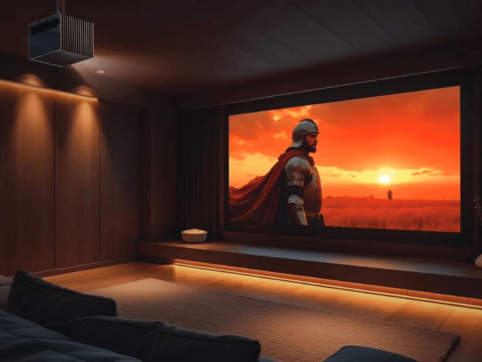 Ein Heimkino mit einer Filmszene auf einer großen Leinwand und einem Beamer an der Decke.