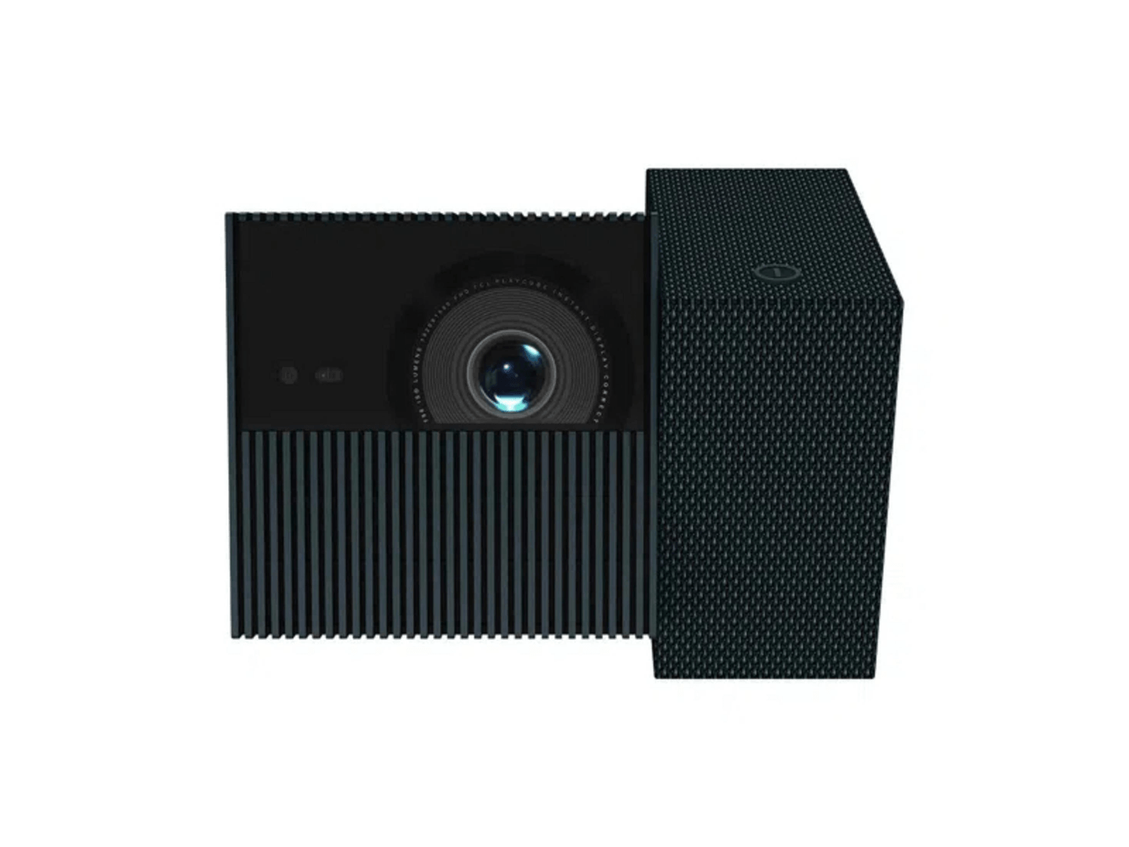 Un proyector moderno negro con diseño frontal acanalado y lente, combinado con un altavoz negro texturizado.