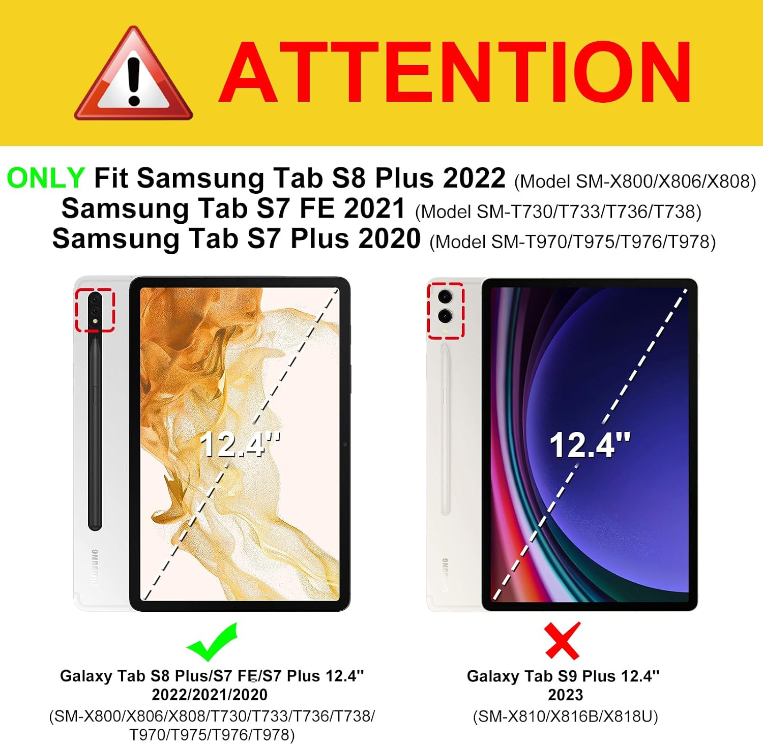 Vergleichstabelle kompatibler 12,4-Zoll-Samsung-Tablets mit grünem Haken und inkompatiblen mit rotem Kreuz.
