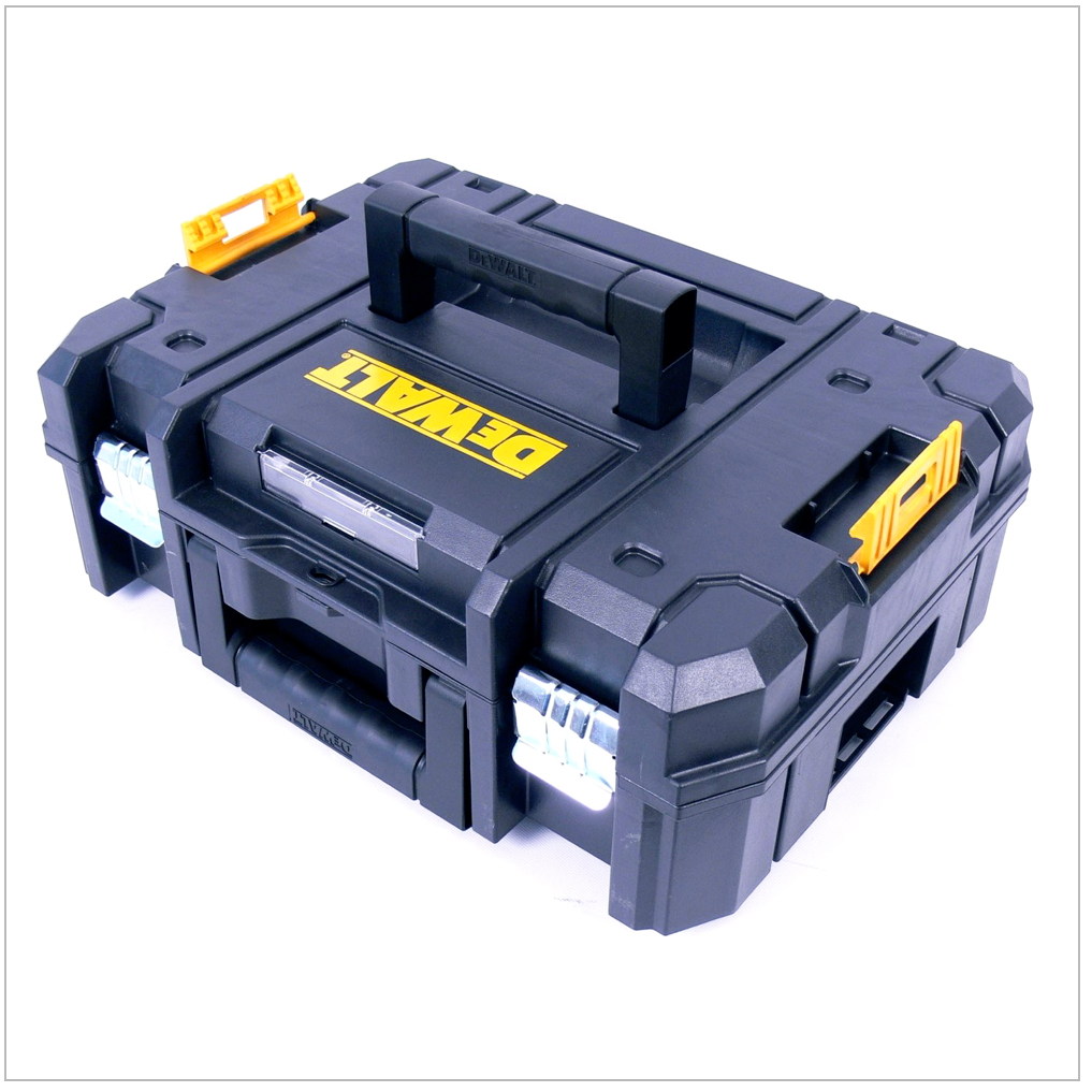 Ein schwarzer DeWalt-Werkzeugkasten mit gelben Akzenten und Metallverschlüssen auf weißem Hintergrund.