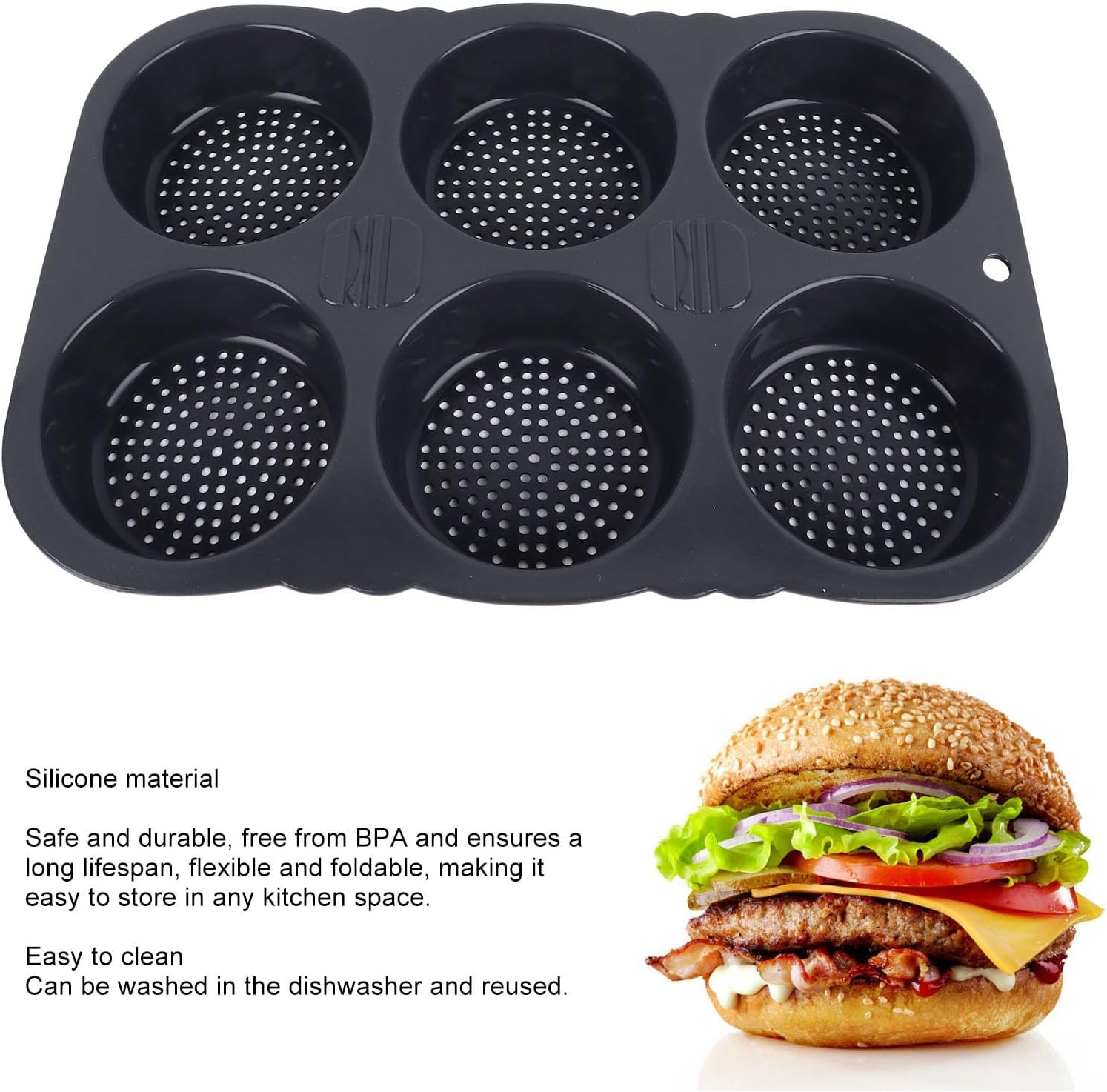 Eine schwarze Silikon-Muffinform mit perforierten Böden und ein großer Hamburger mit Salat, Tomate, Käse und Bacon.