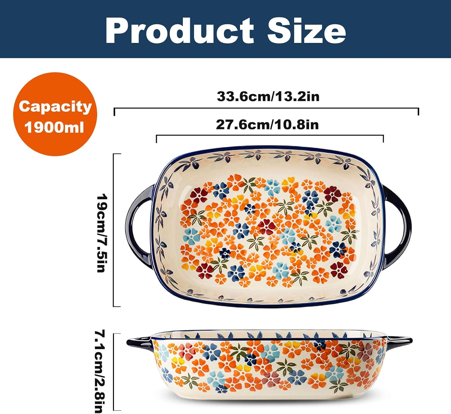 Diagramm zeigt die Produktgröße und Maße einer rechteckigen Auflaufform mit buntem Blumenmuster.