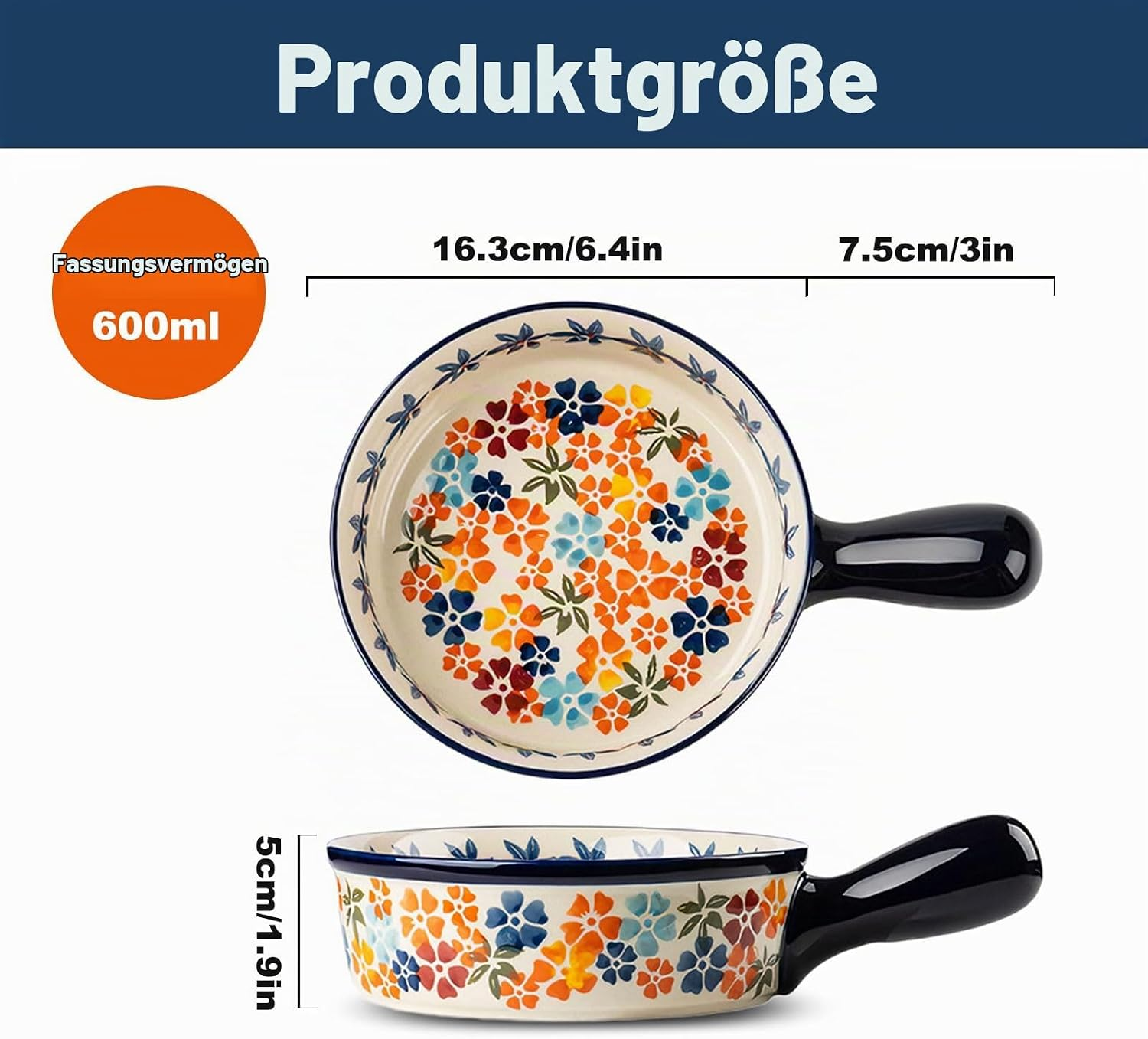 Produktgröße und Maße einer handlichen Keramikschale mit bunten Blumen und schwarzem Griff.