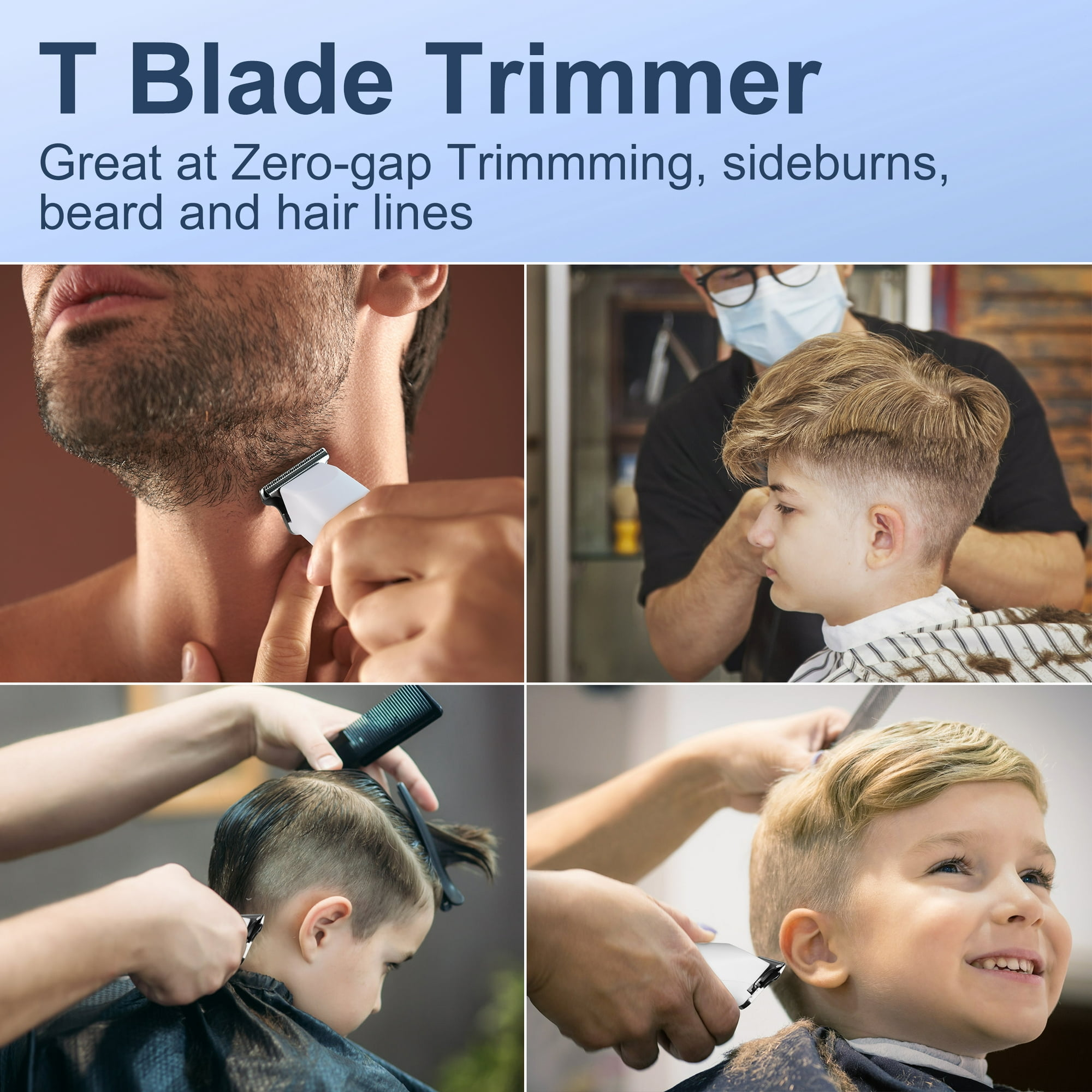 T-Blade-Trimmer für Bart, Koteletten und Haarlinien mit Produktwerbung und Beispielfotos.