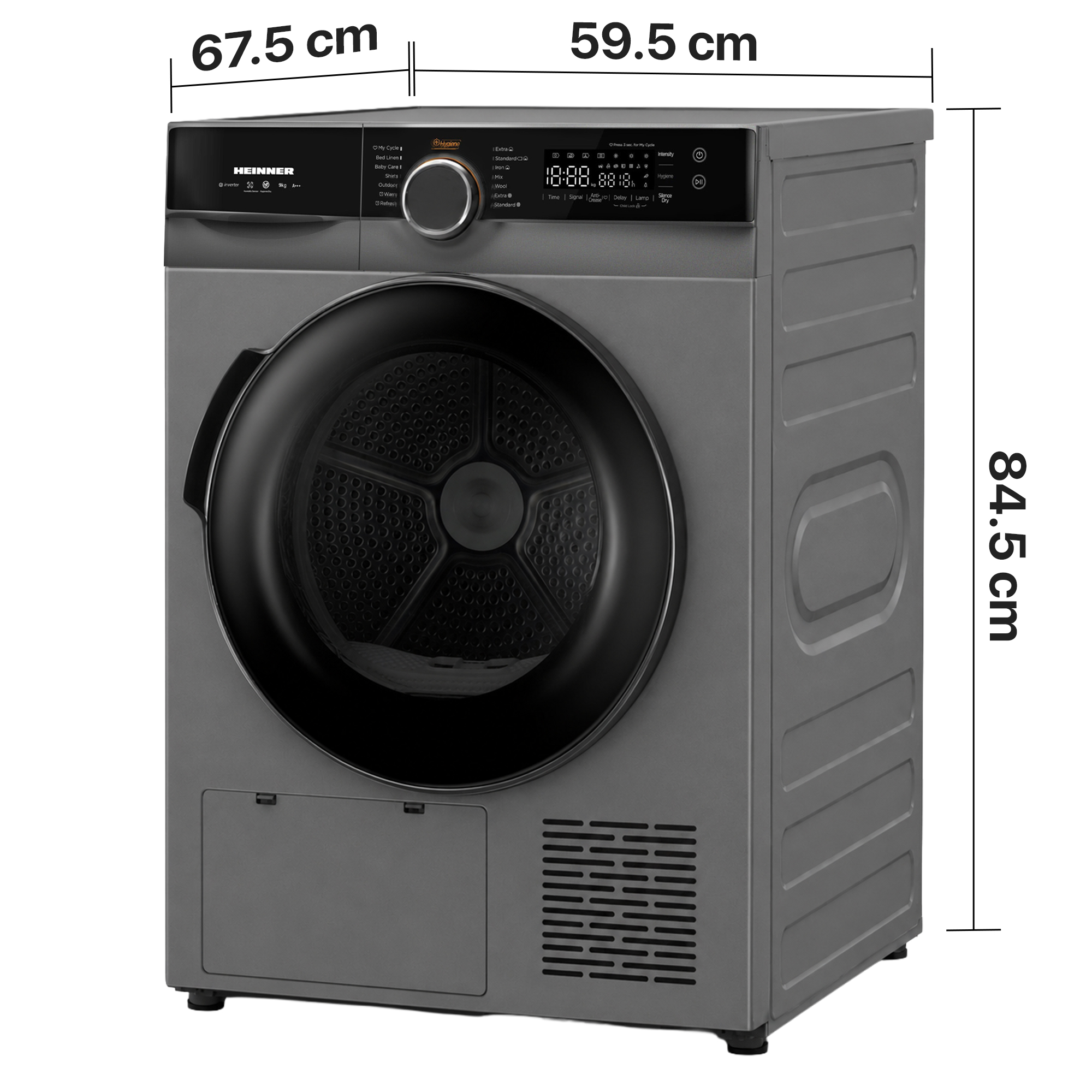 Grauer Heinner Trockner mit Maßen: 67,5 cm tief, 59,5 cm breit und 84,5 cm hoch.