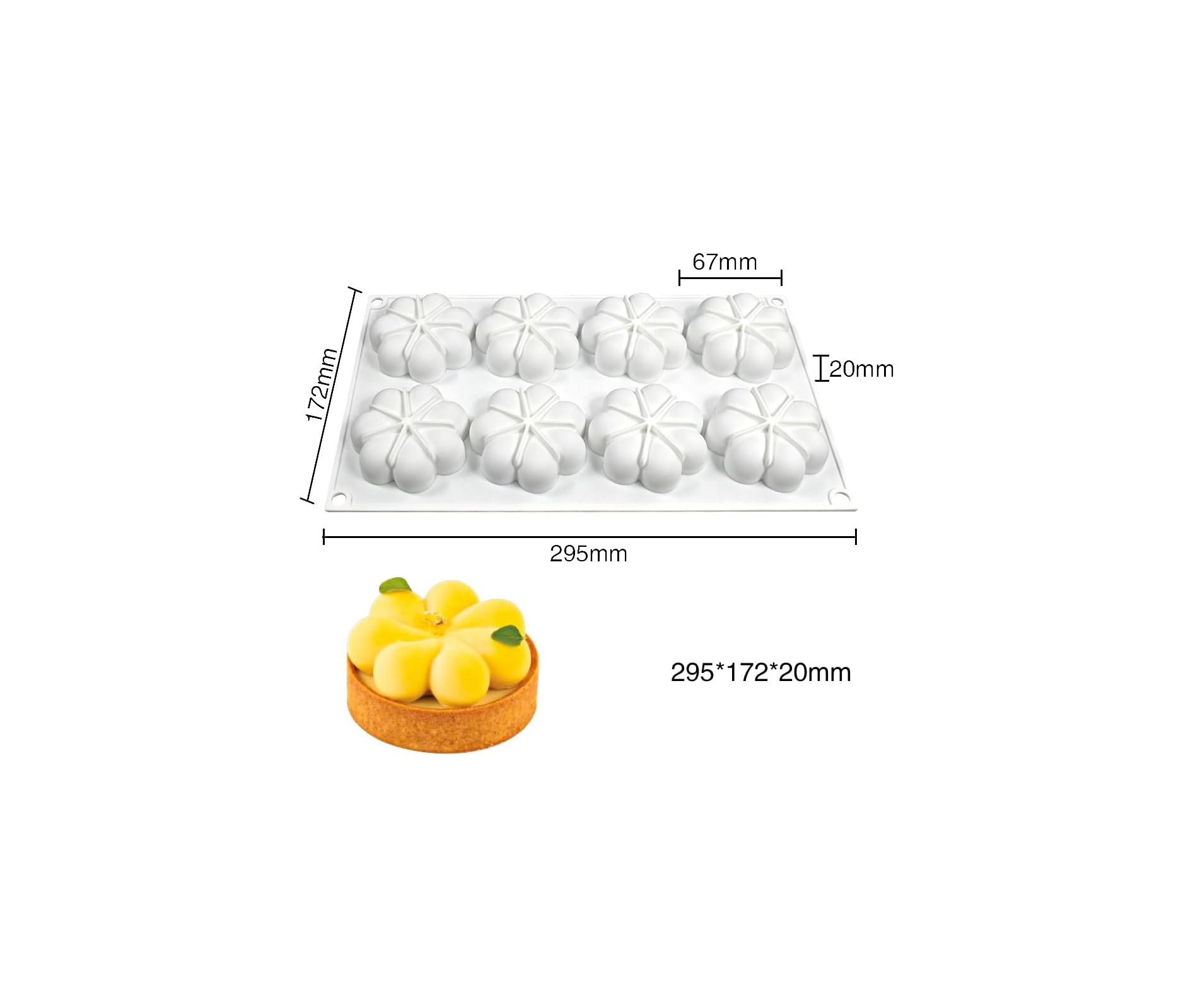Weisse Silikonform mit acht blumenfoermigen Vertiefungen und den Abmessungen 295x172x20mm sowie eine fertige Torte.