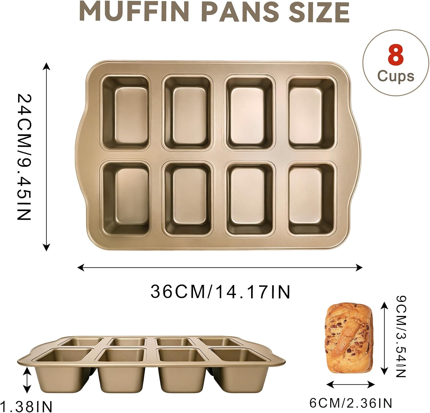 Goldfarbene Backform für 8 Mini-Brotdosen mit Bemaßungen und Beispielbrot.