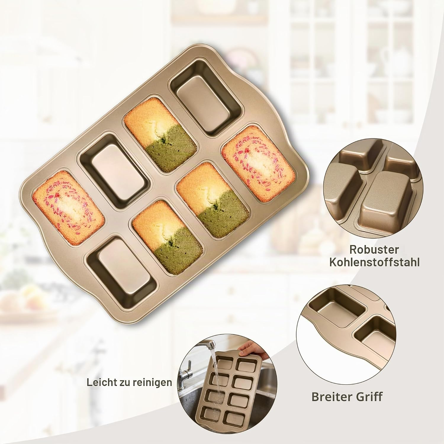Goldfarbene Backform mit acht Mini-Kastenformen, einigen kleinen Kuchen und Detailaufnahmen.