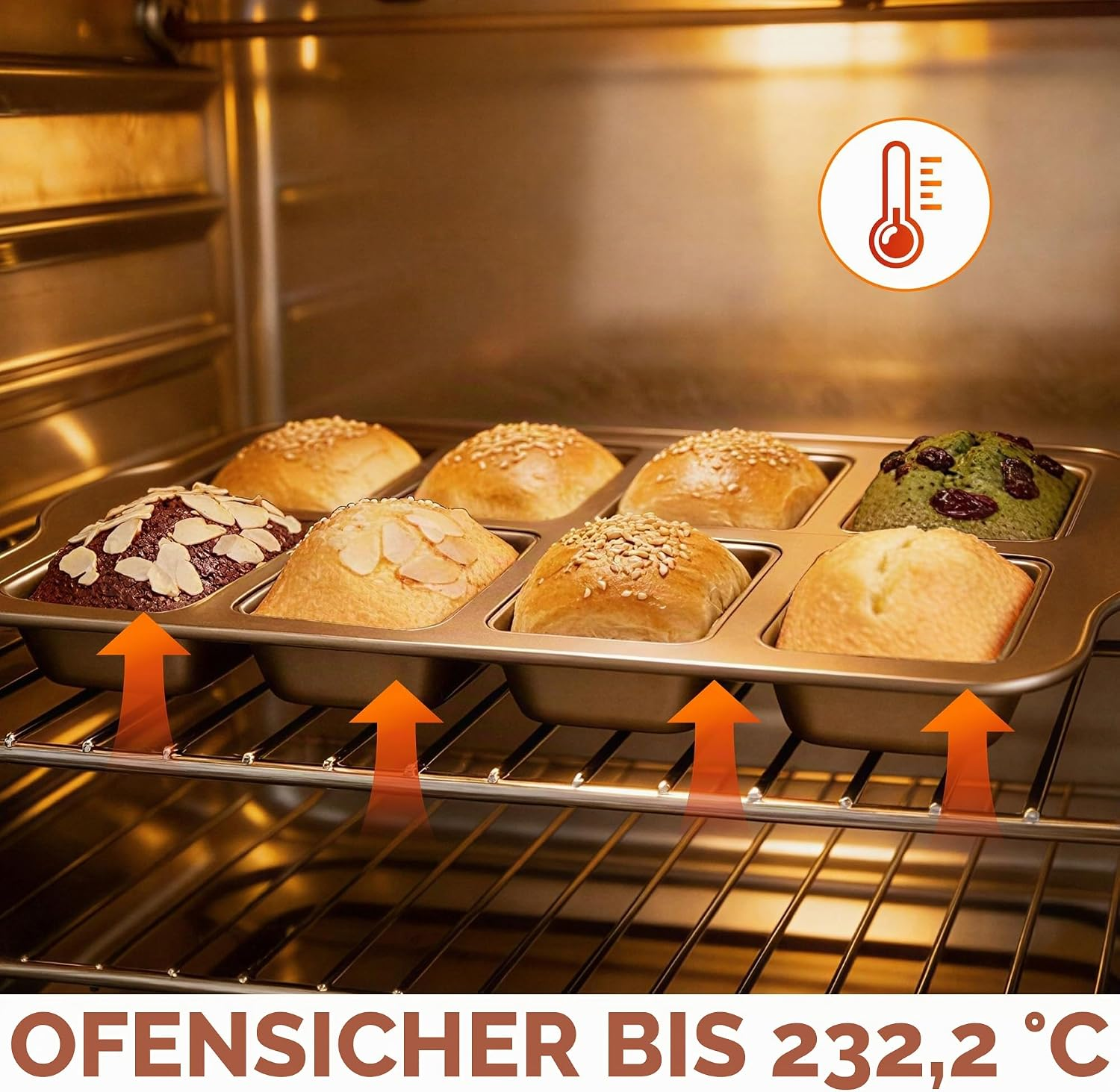 Backblech mit verschiedenen Kuchen im Ofen, mit Thermometer-Symbol und Text Ofensicher bis 232,2 °C.
