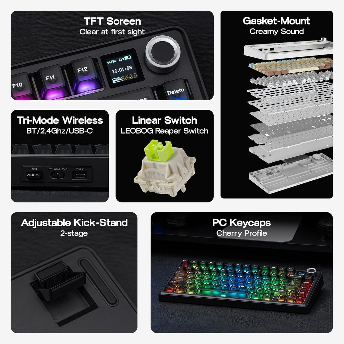 Caractéristiques détaillées d'un clavier mécanique avec écran TFT, interrupteurs et touches.