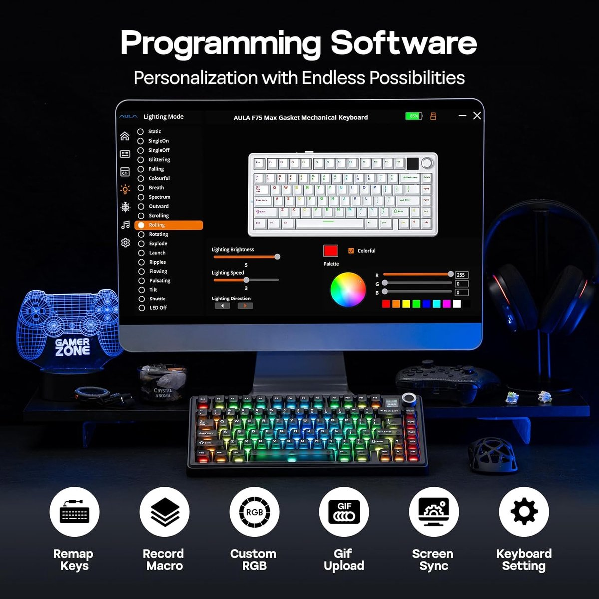 Interface logicielle de personnalisation du clavier avec options RGB.