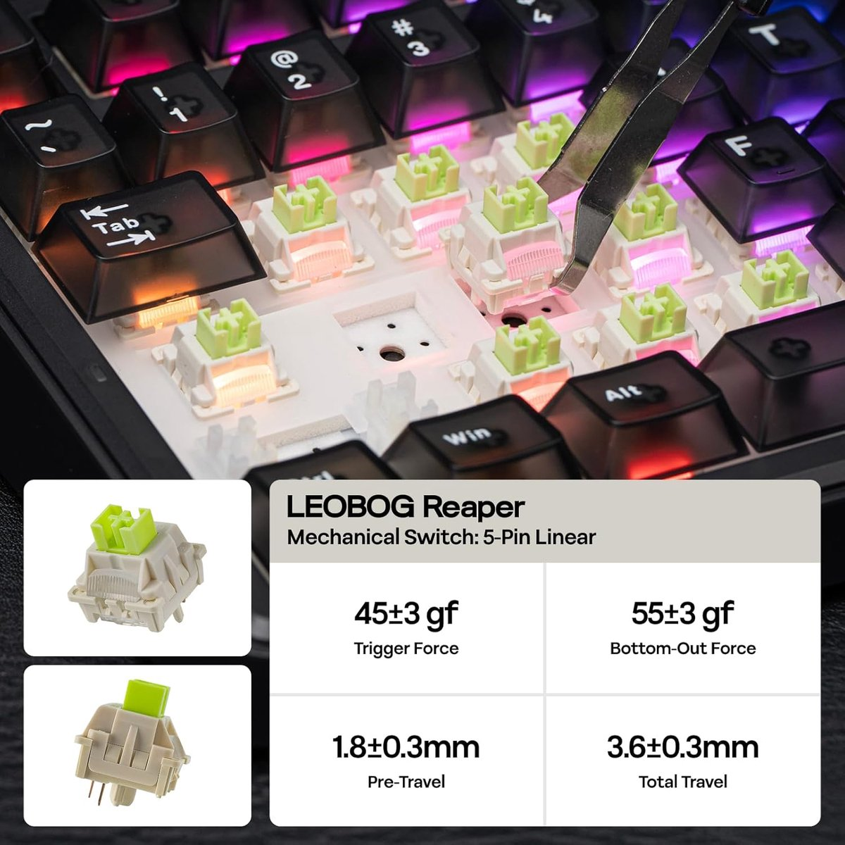Clavier RGB avec interrupteurs mécaniques LEOBOG Reaper et spécifications.