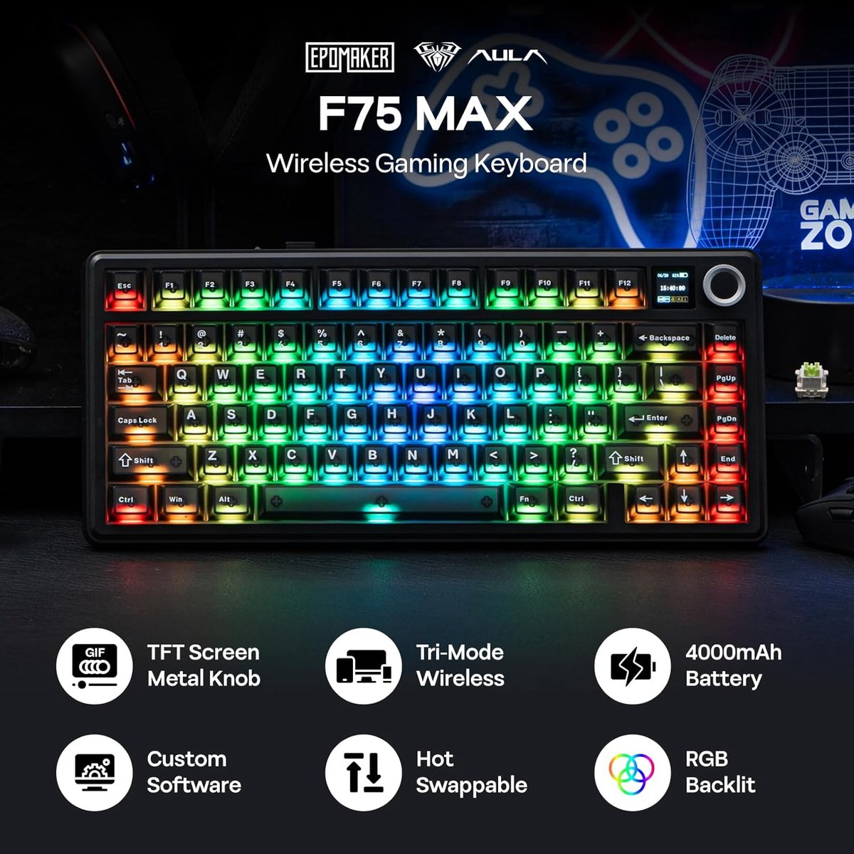 Clavier gamer sans fil Epomaker F75 Max avec rétroéclairage RGB dynamique et écran sur fond sombre.