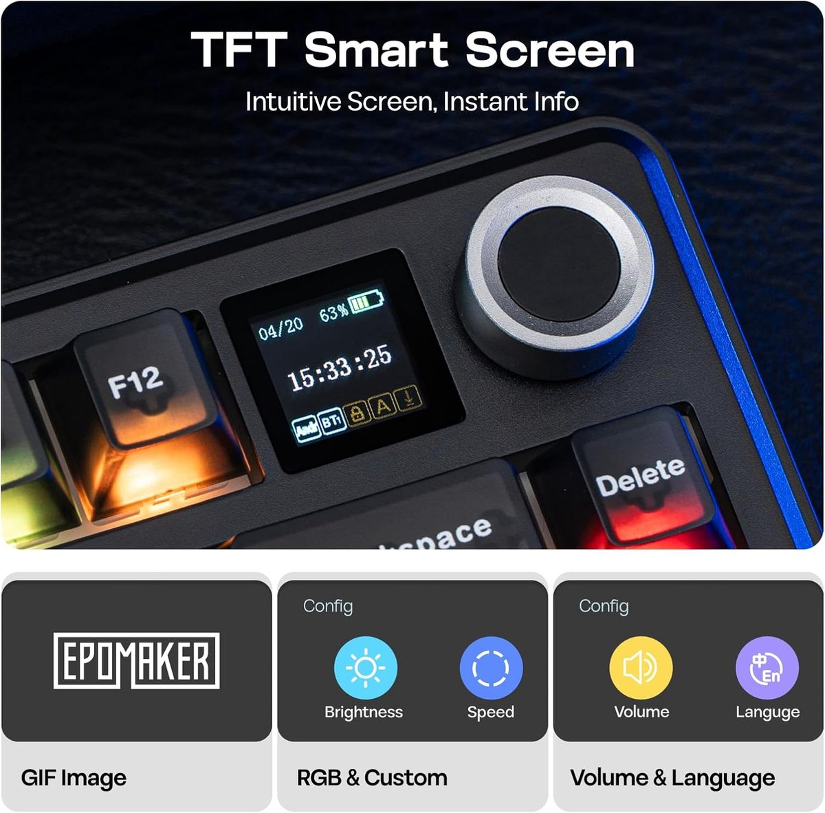 Écran intelligent TFT sur un clavier affichant l'heure, la batterie et des icônes à côté d'une molette.