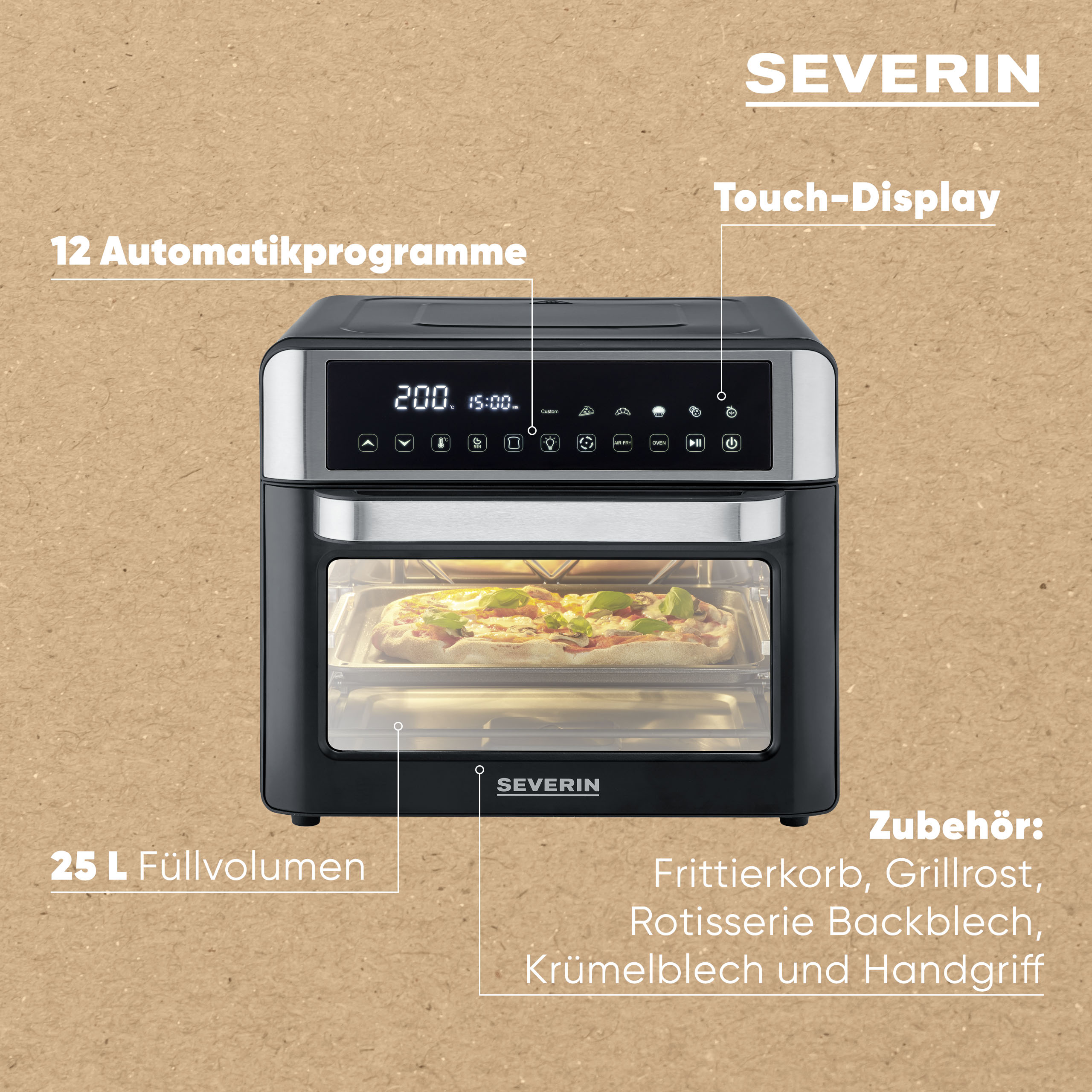 Severin Heißluftfritteuse mit Touch-Display, 12 Programmen, 25l Füllvolumen und Zubehör auf braunem Papier.