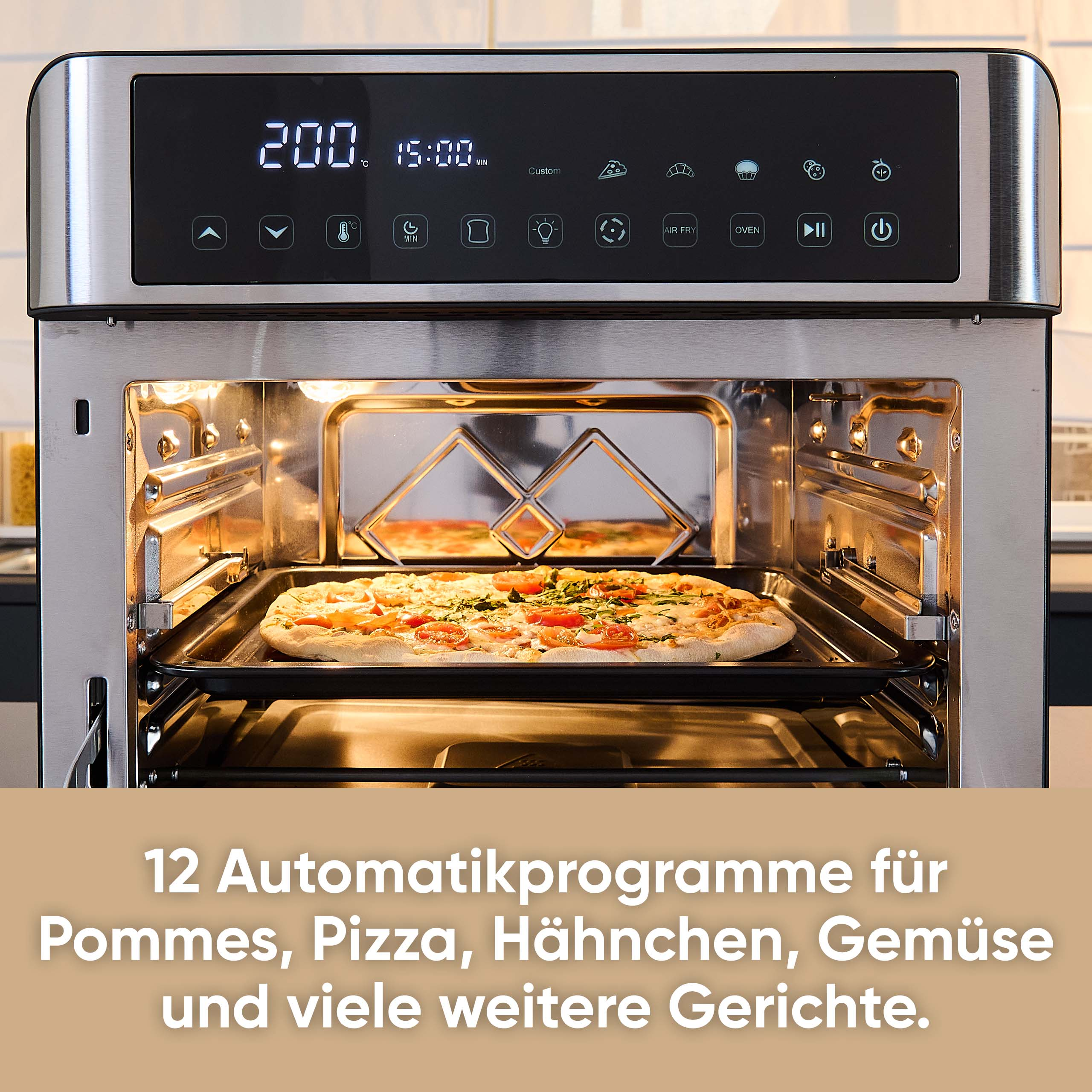 Digitaler Heißluftfritteusen-Ofen mit digitalem Display, der eine Pizza auf einem Backblech bäckt.