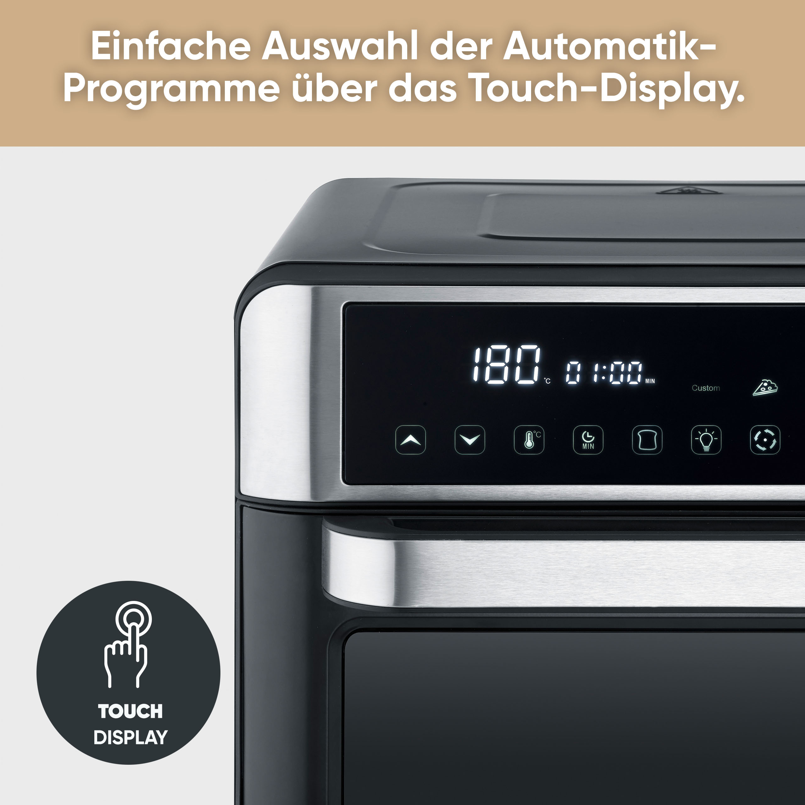 Schwarzes Touch-Display eines Haushaltsgeräts mit digitaler Temperatur- und Zeitangabe.
