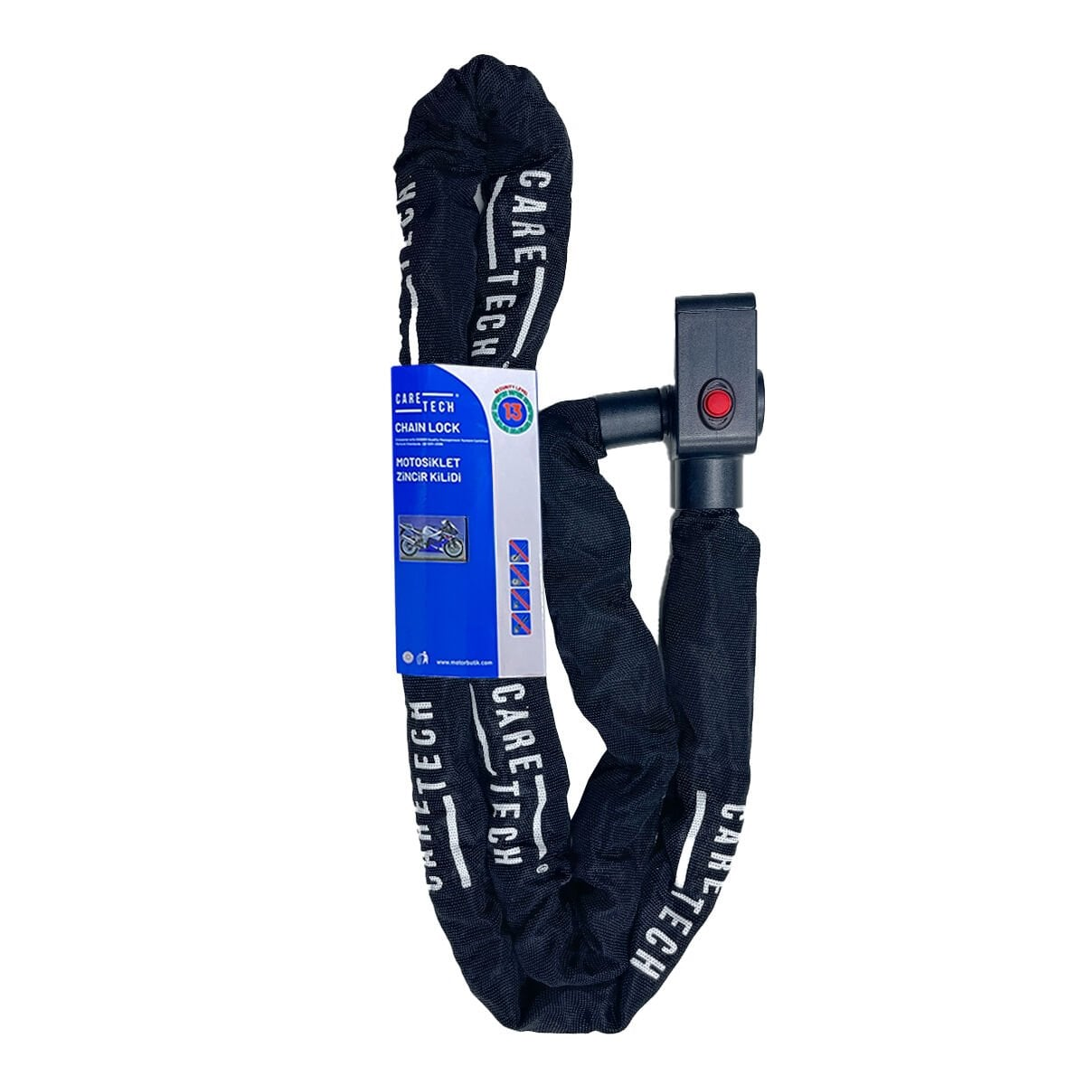 Beyaz arka planda siyah Caretech motosiklet zincir kilidi, beyaz etiket ve kırmızı düğme.