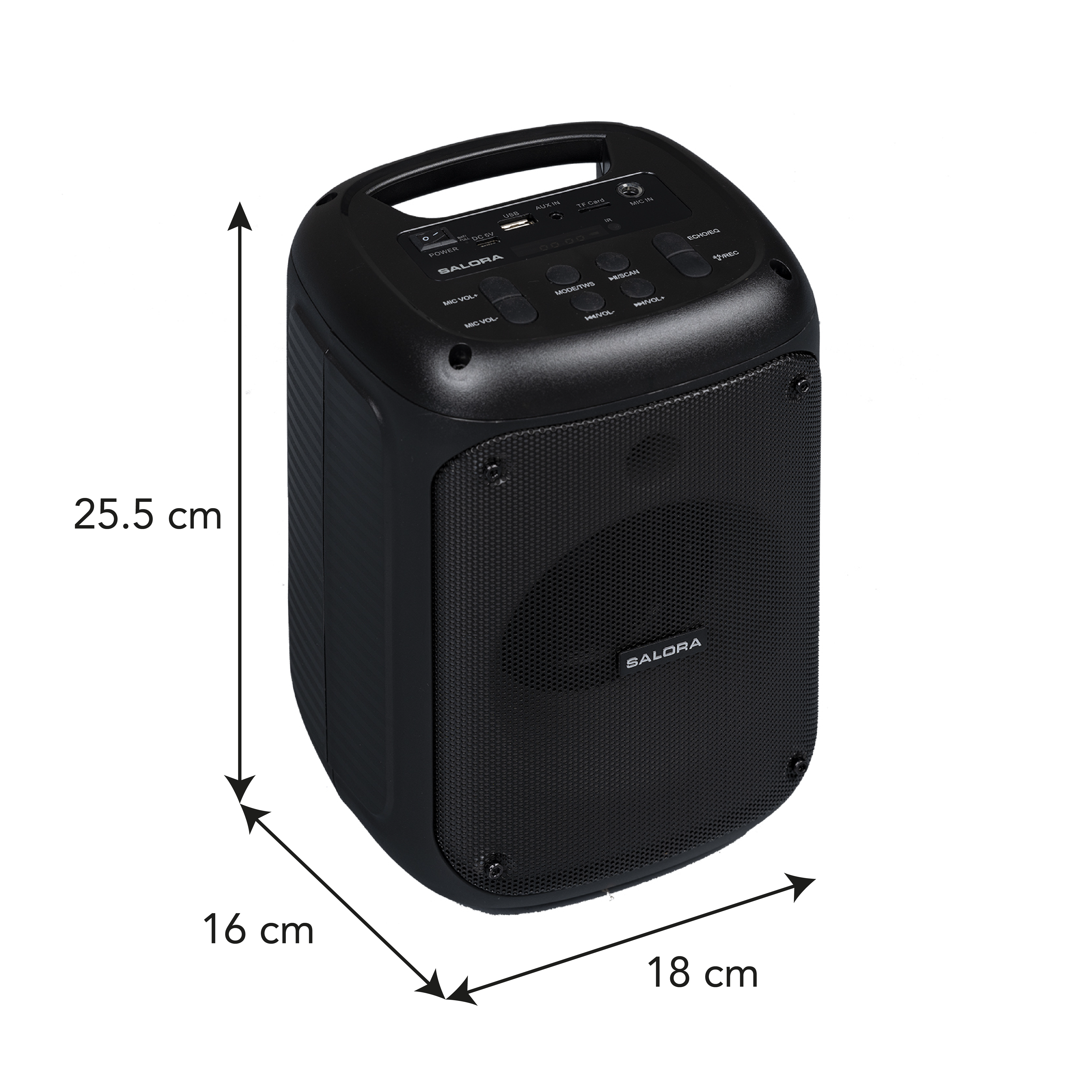 Altavoz Bluetooth Salora negro con controles superiores y dimensiones de 25,5 x 18 x 16 cm.
