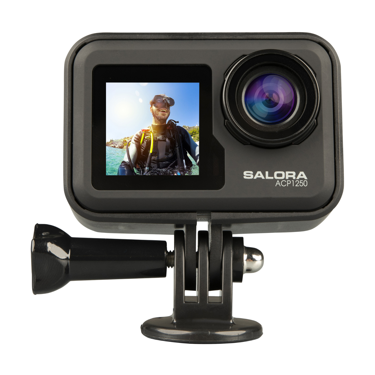 Salora ACP1250 Action-Cam mit Taucher auf dem Bildschirm, montiert auf einem schwarzen Sockel.