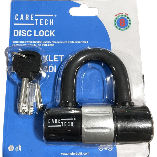 Ambalajında Caretech disk kilit, siyah asma kilit ve üç anahtar ile.