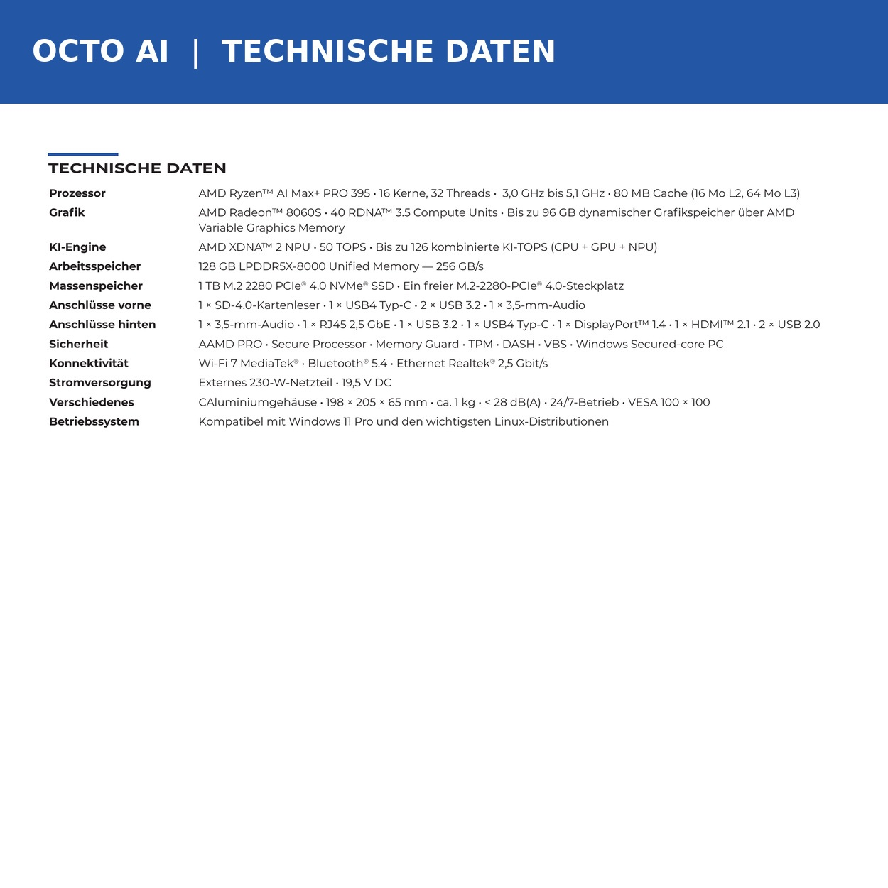 Technische Daten eines Octo AI Computers mit AMD Ryzen Prozessor und diversen Anschlüssen.