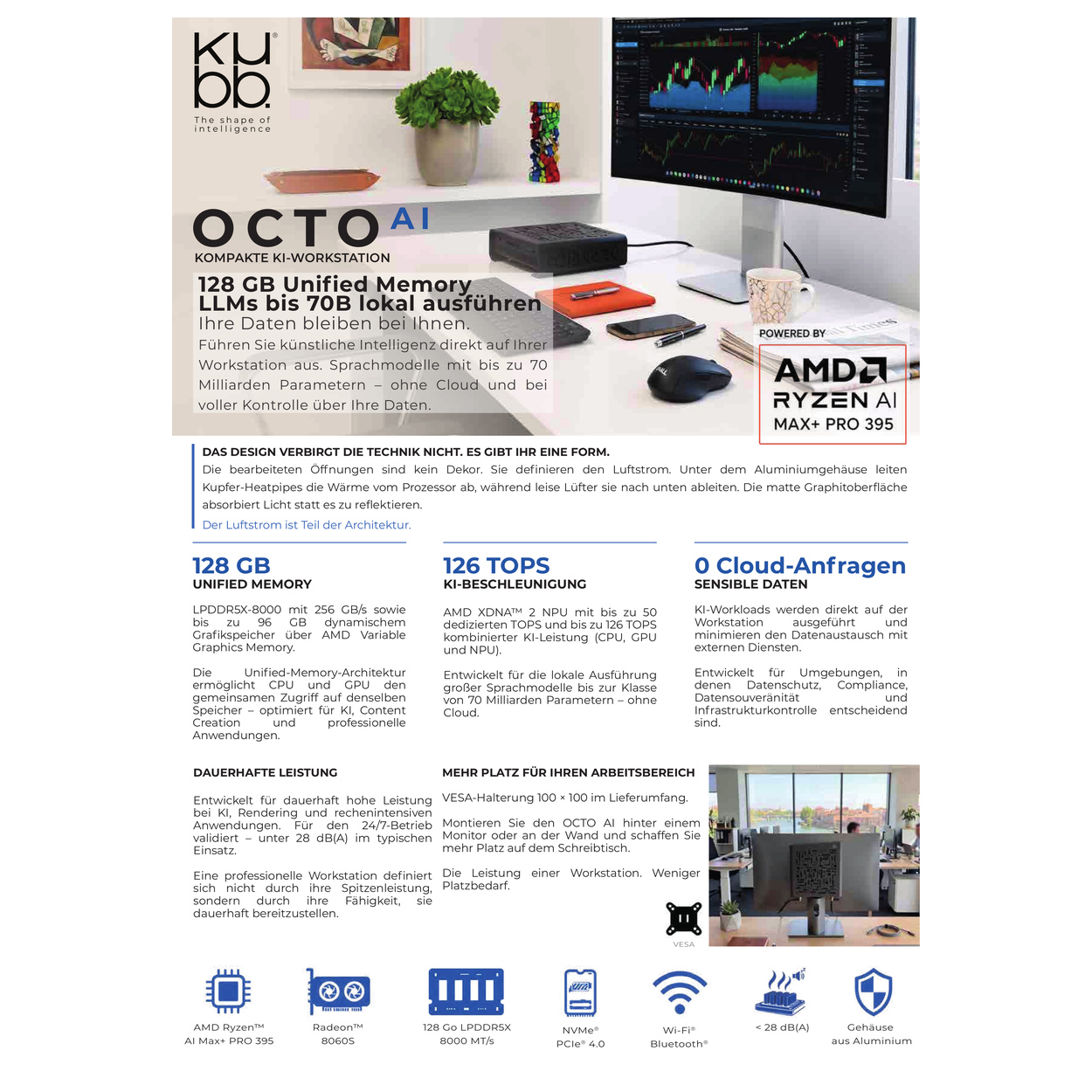 Banner promozionale per la workstation Kubb AI con AMD Ryzen AI e specifiche.