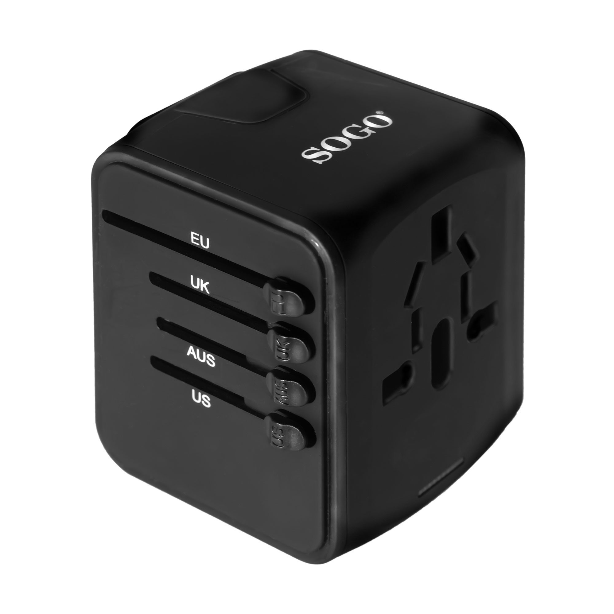 Un cubo adattatore da viaggio SOGO nero con cursori per spine UE, UK, AUS e US.