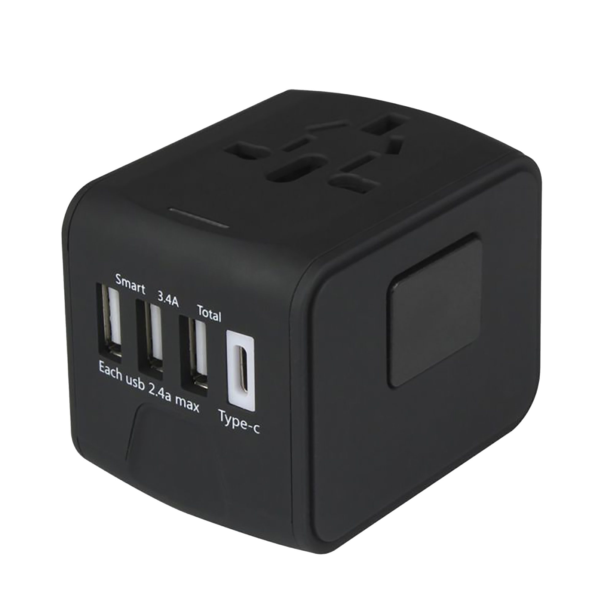 Un adattatore da viaggio nero con tre porte USB e una porta Type-C su sfondo nero.