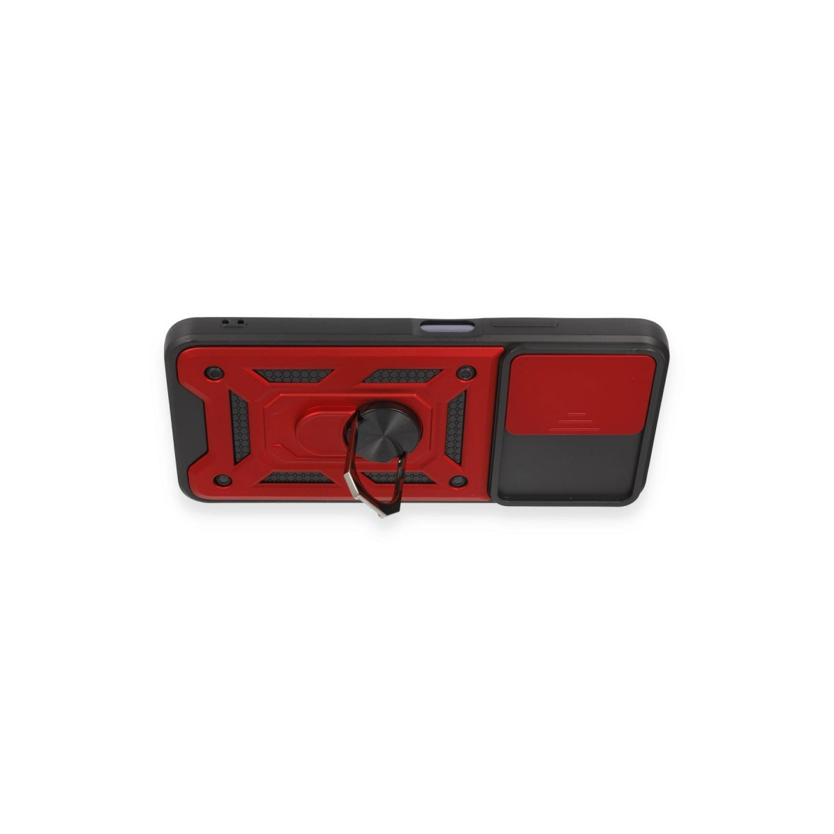 Yerleşik metal halka standa ve sürgülü kamera kapağına sahip siyah ve kırmızı telefon kılıfı.