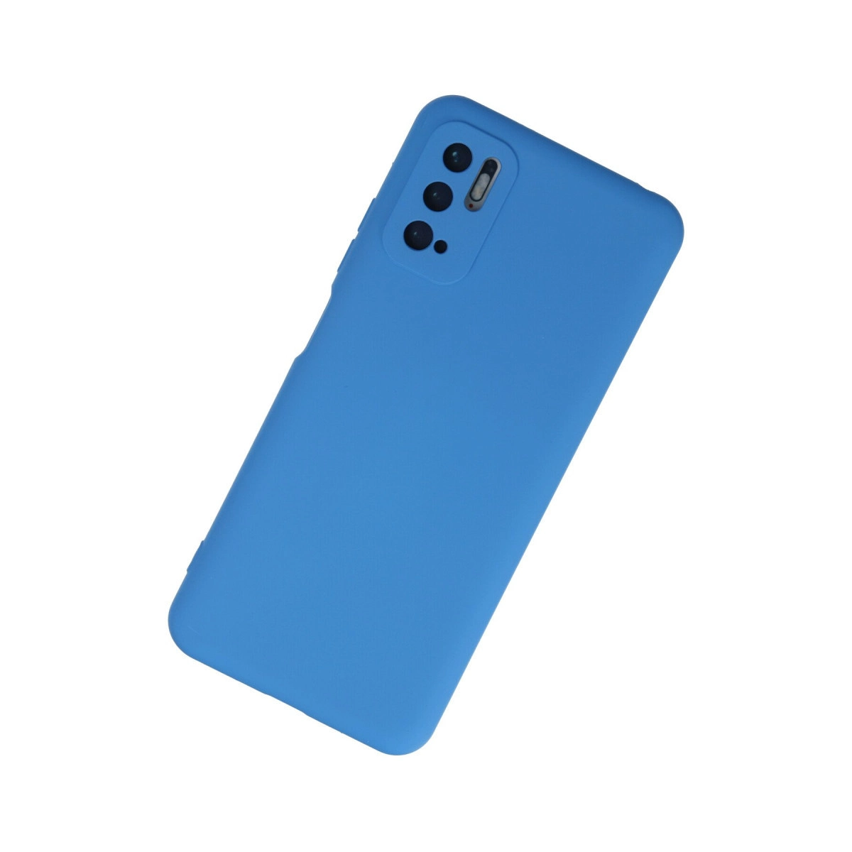Beyaz arka planda mavi silikon akıllı telefon kılıfı, arka taraftan kamera modülü ile.