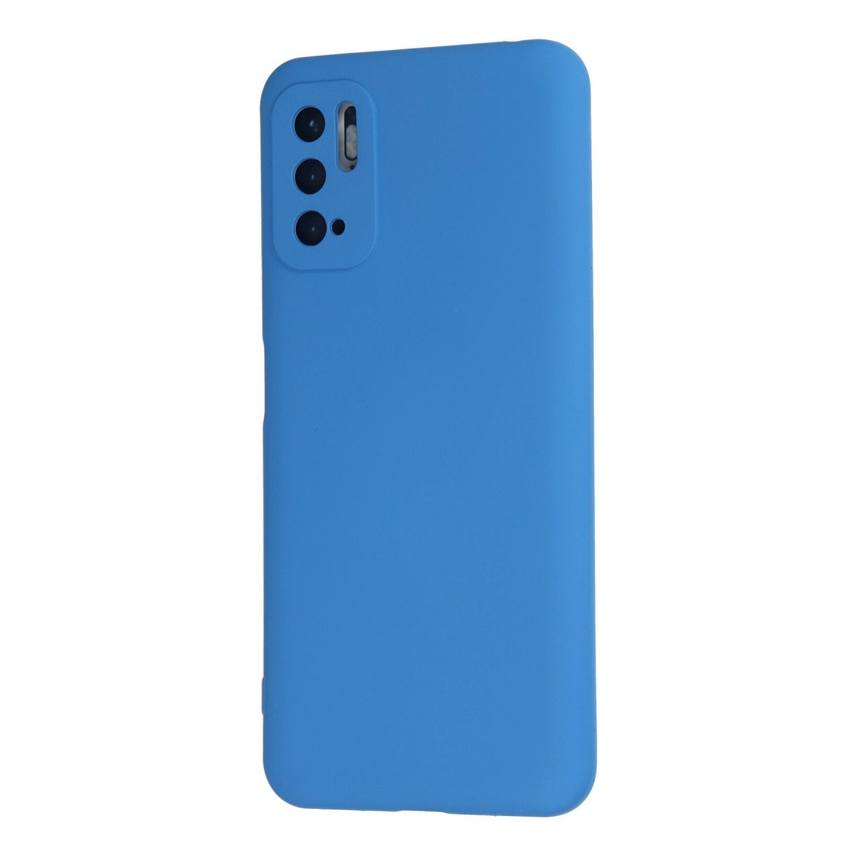 Beyaz arka planda dikey üçlü kamera çıkıntılı ve flaşlı mavi akıllı telefon kılıfı.