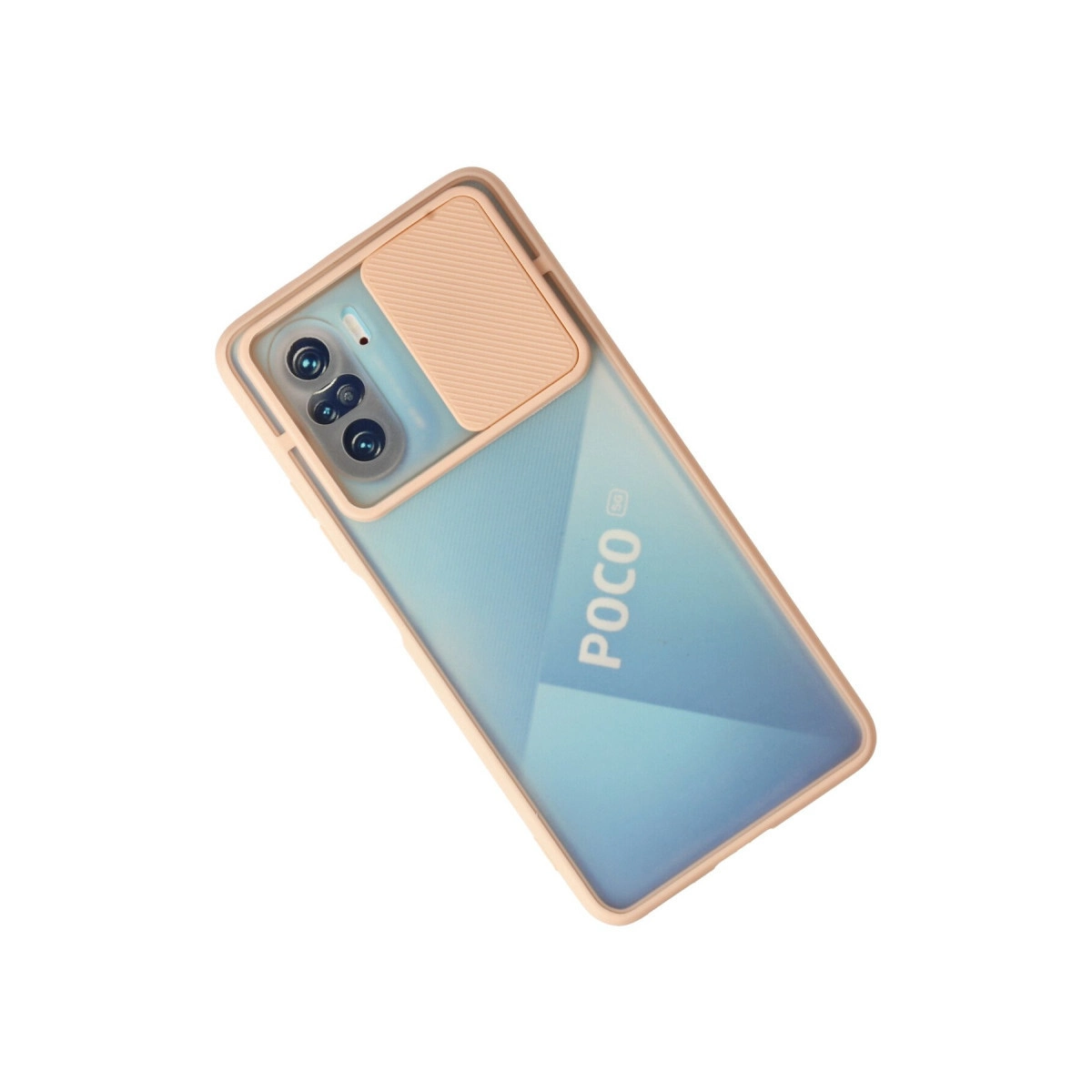 Kamera kapaklı ve POCO yazılı açık pembe koruyucu kılıf içindeki bir akıllı telefon.
