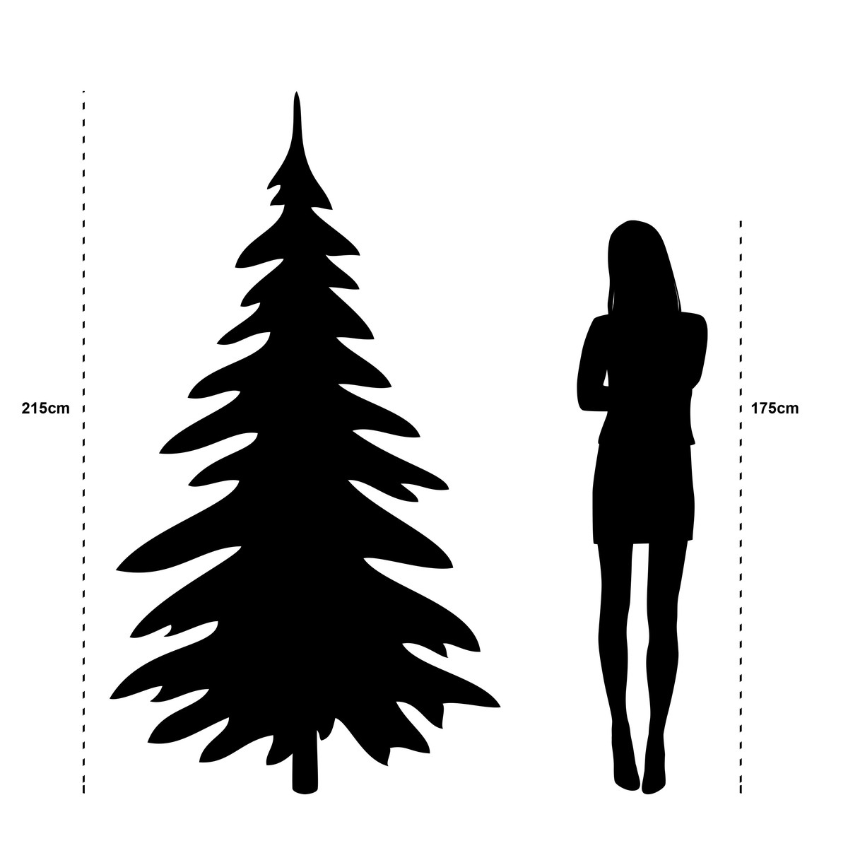 Silhouettes van een kerstboom van 215 cm en een vrouw van 175 cm op een witte achtergrond.