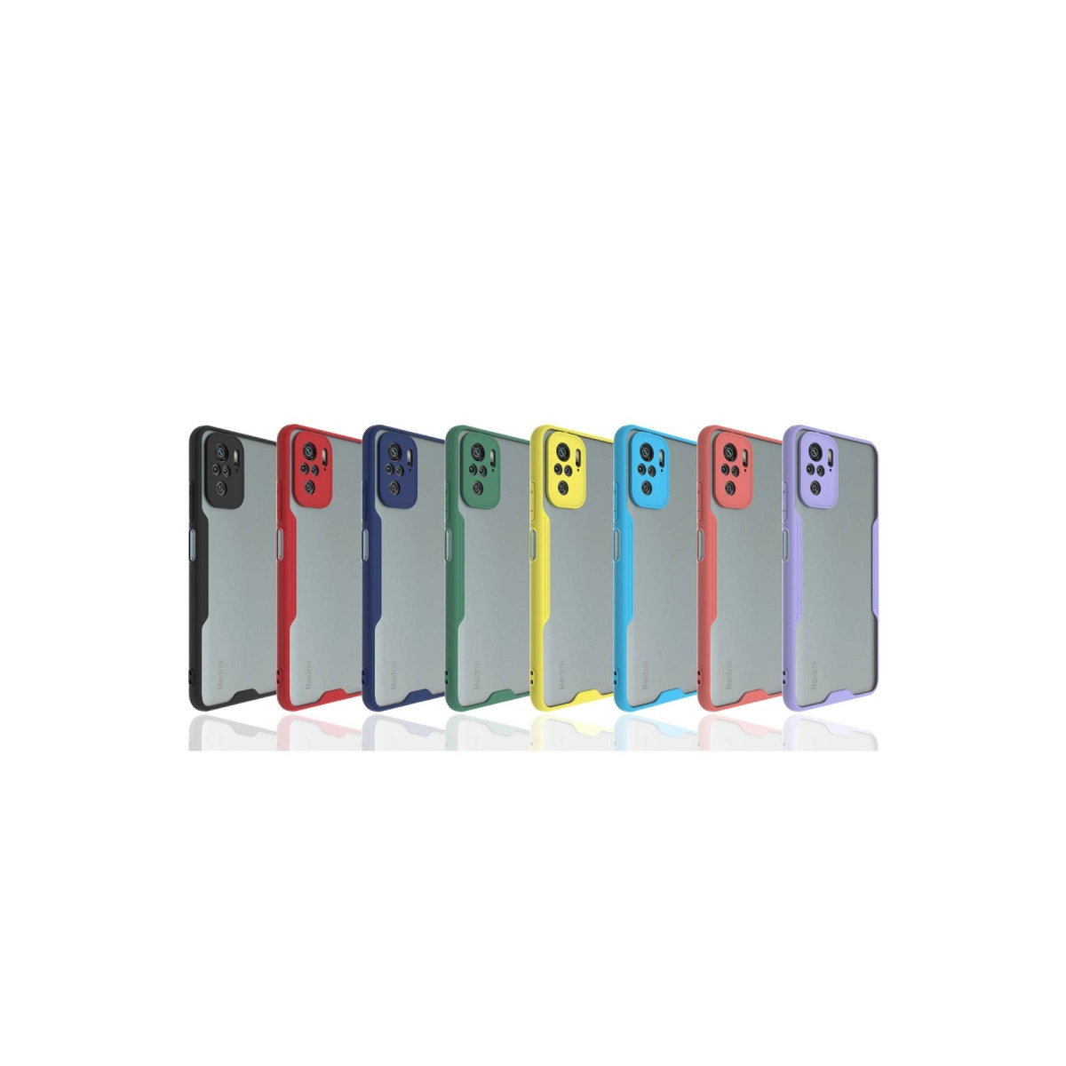 Siyah, kırmızı, mavi, yeşil, sarı ve mor renkli canlı tampon kılıflara ve mat arka kapaklara sahip sekiz akıllı telefon.