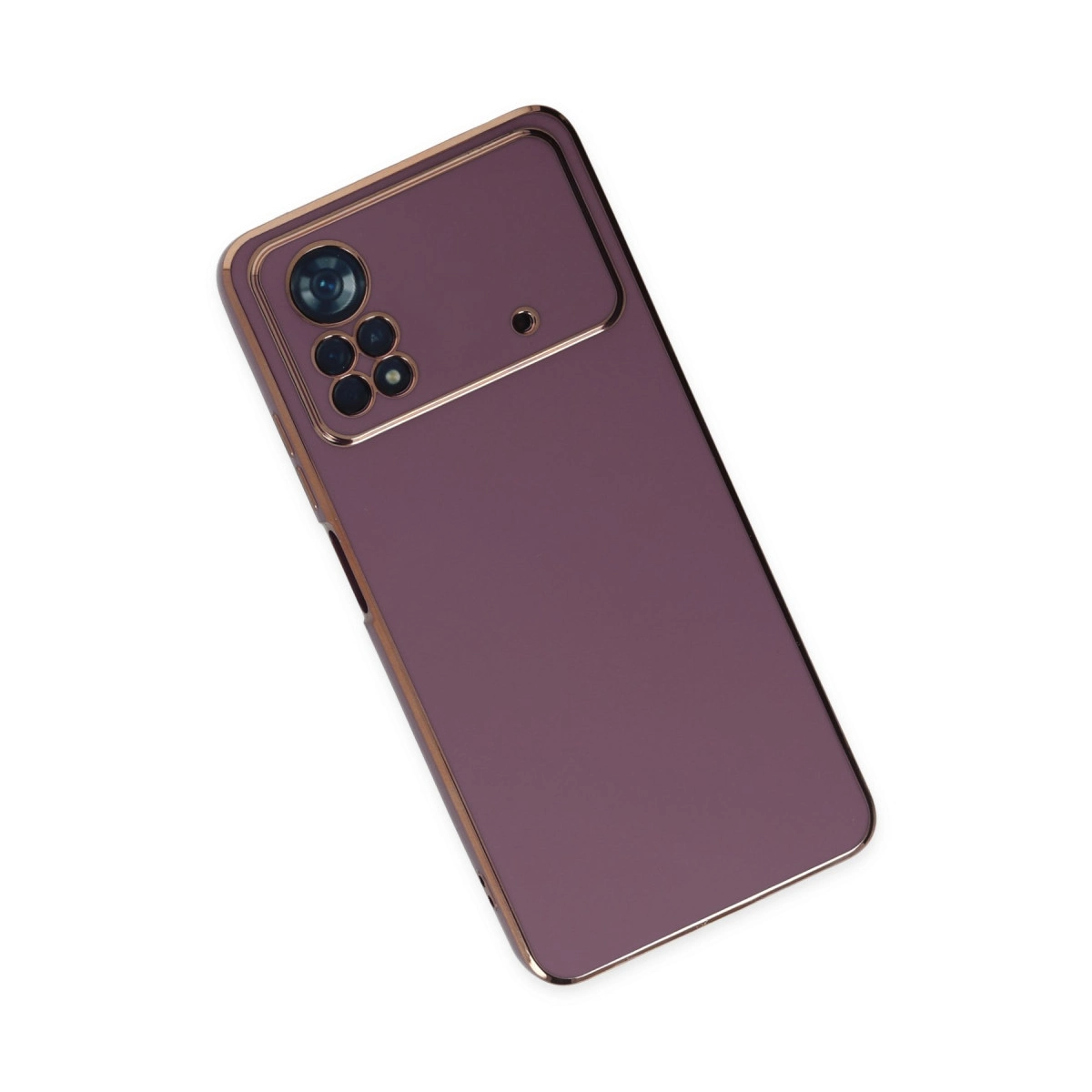 Pembe altın çerçeveli ve arkasında dört kameralı modül bulunan mor akıllı telefon.