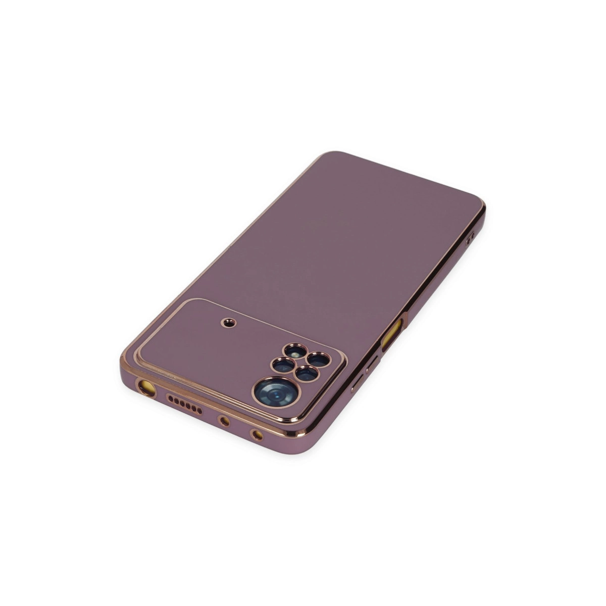 Beyaz arka planda pembe altın detaylara sahip mor akıllı telefon, çoklu kamera kurulumunu gösteriyor.