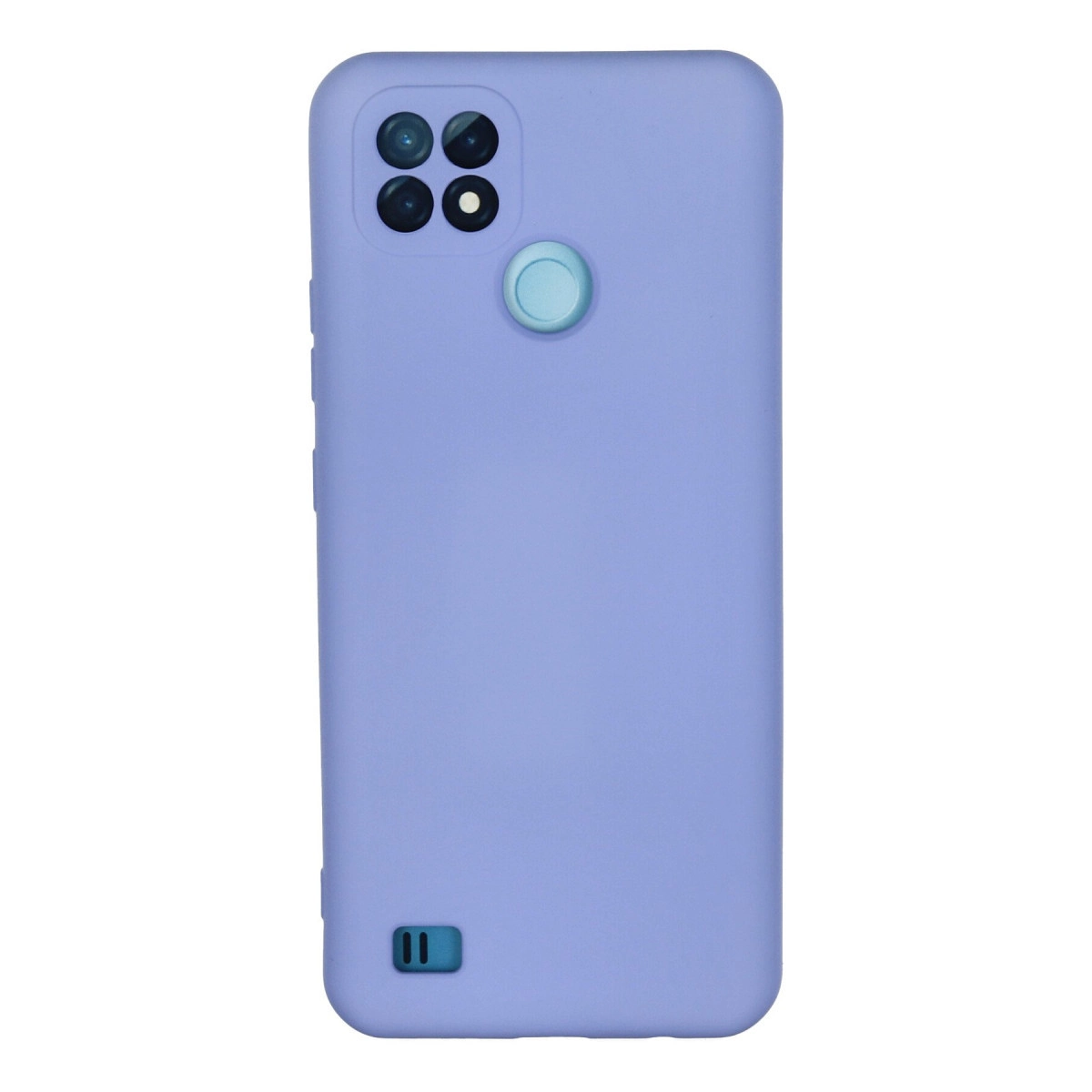 Kare kamera modülü, parmak izi sensörü ve hoparlörü olan mor renkli akıllı telefonun arkası.