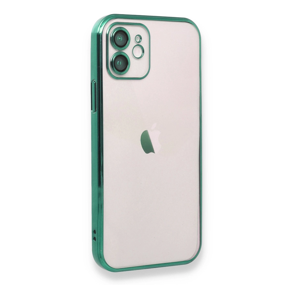 Parlak metalik yeşil kenarlı şeffaf kılıflı bir akıllı telefon, arkasında çift kamera ve Apple logosu görülüyor.