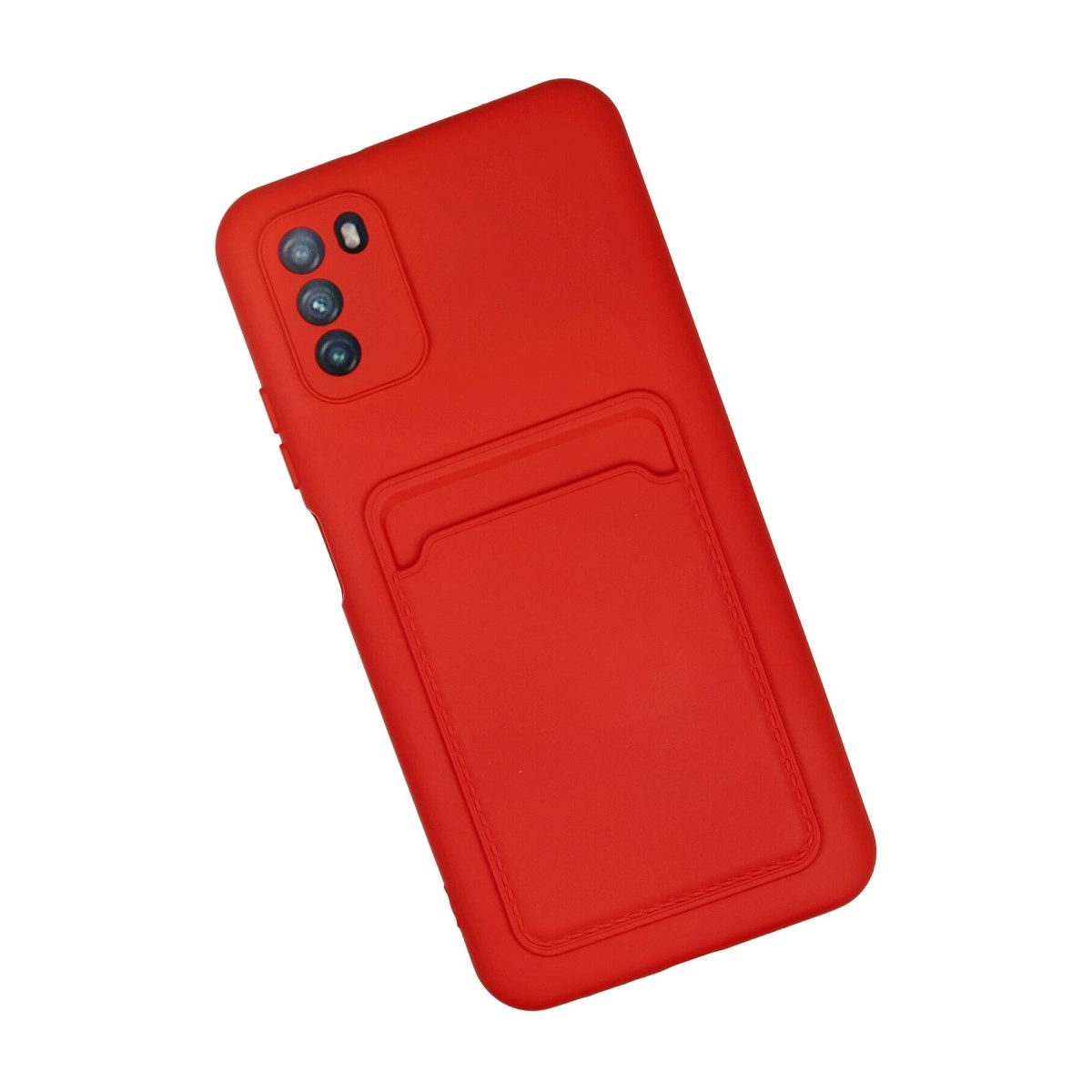 Arka tarafında yerleşik kartlık bulunan ve üç kamera çıkıntısına sahip kırmızı akıllı telefon kılıfı.