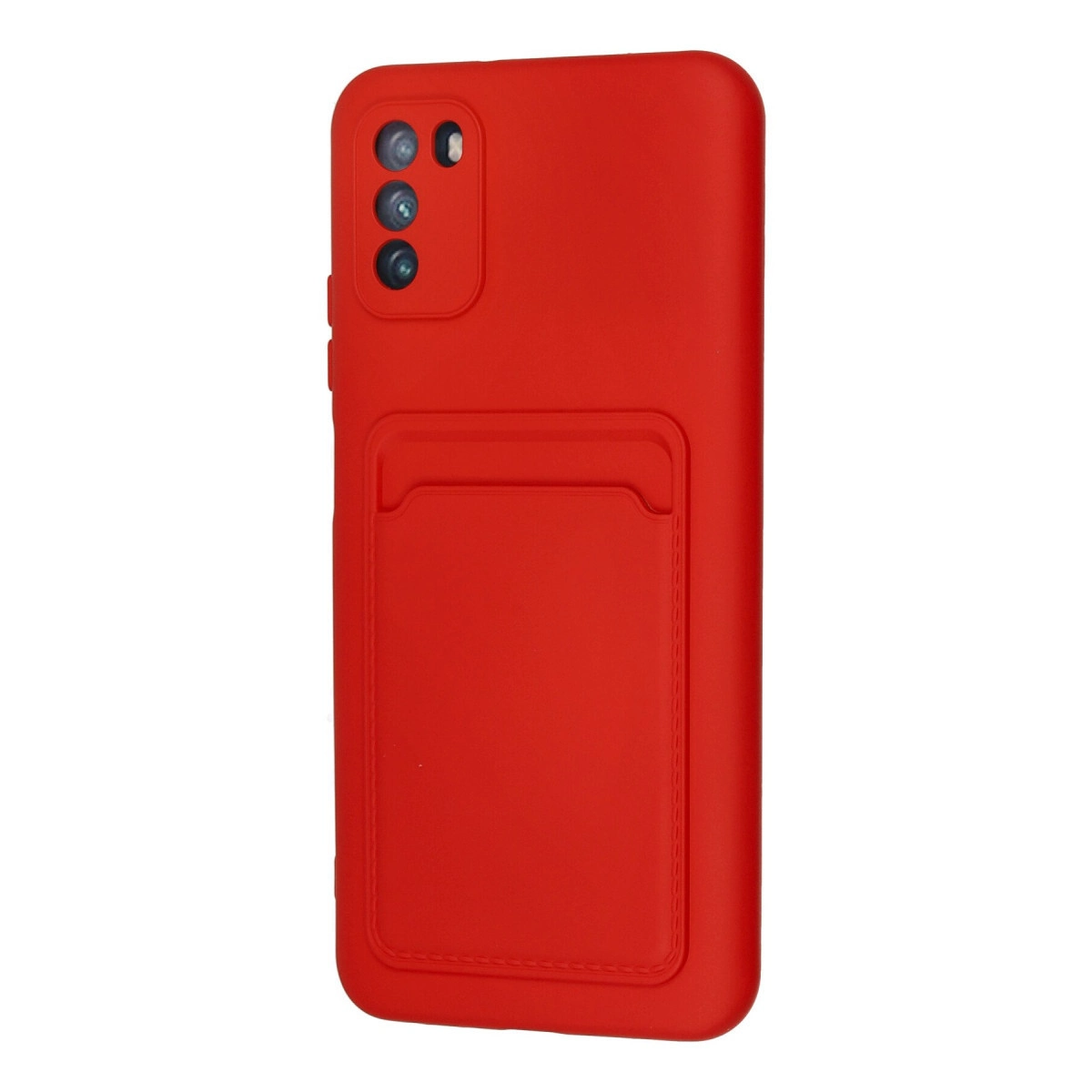 Beyaz arkaplanda kartlıklı ve kamera bölmeli kırmızı silikon telefon kılıfı.
