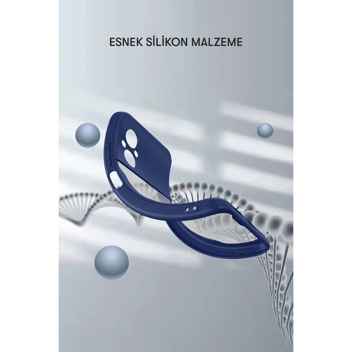 Gri arka planda DNA sarmalı olan mavi esnek silikon telefon kılıfı.