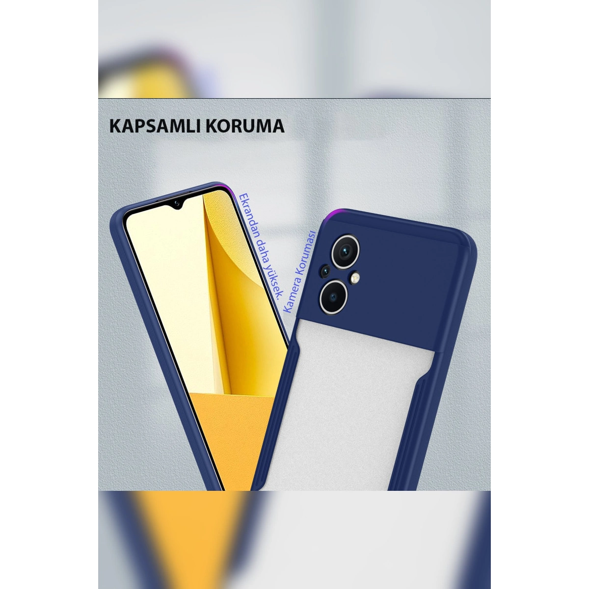 Dayanıklı kılıf ve kamera korumalı mavi renkli akıllı telefon.