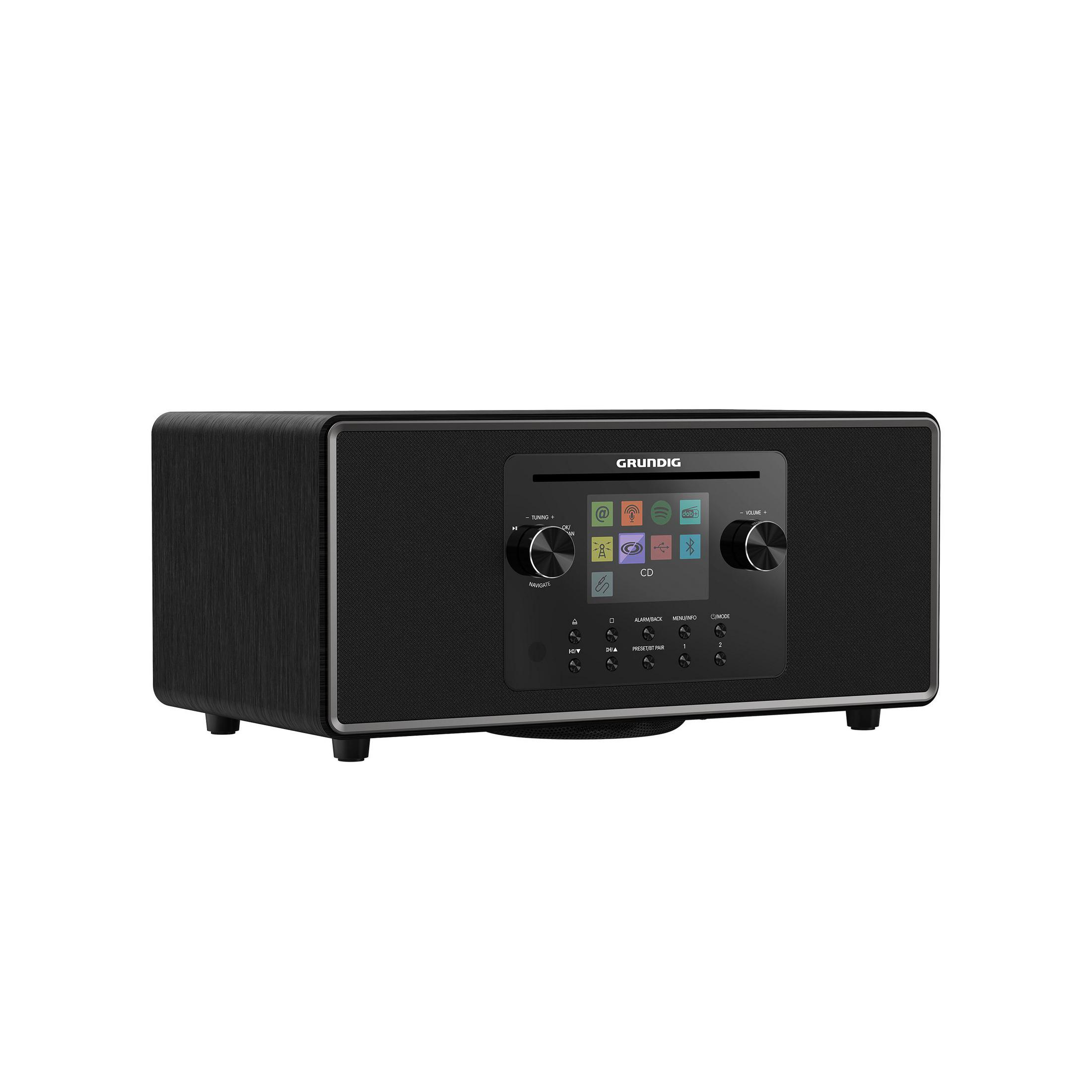Ein schwarzes Grundig-Radio mit digitalem Display, Drehknöpfen und Lautsprechern auf einer weißen Oberfläche.