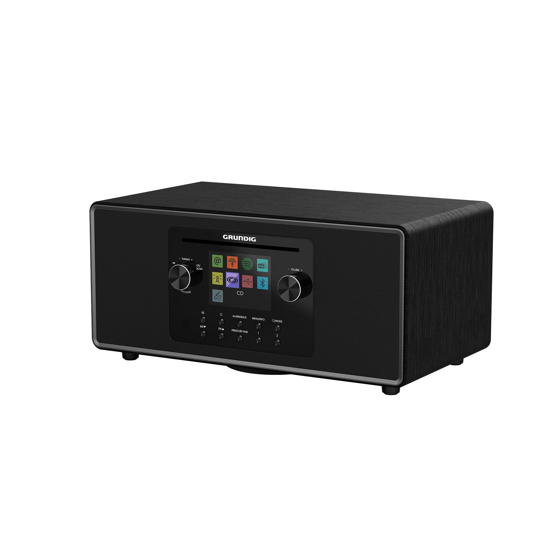 Ein schwarzes Grundig-Digitalradio mit einem zentralen Bildschirm, Drehknöpfen und Lautsprechern auf beiden Seiten.