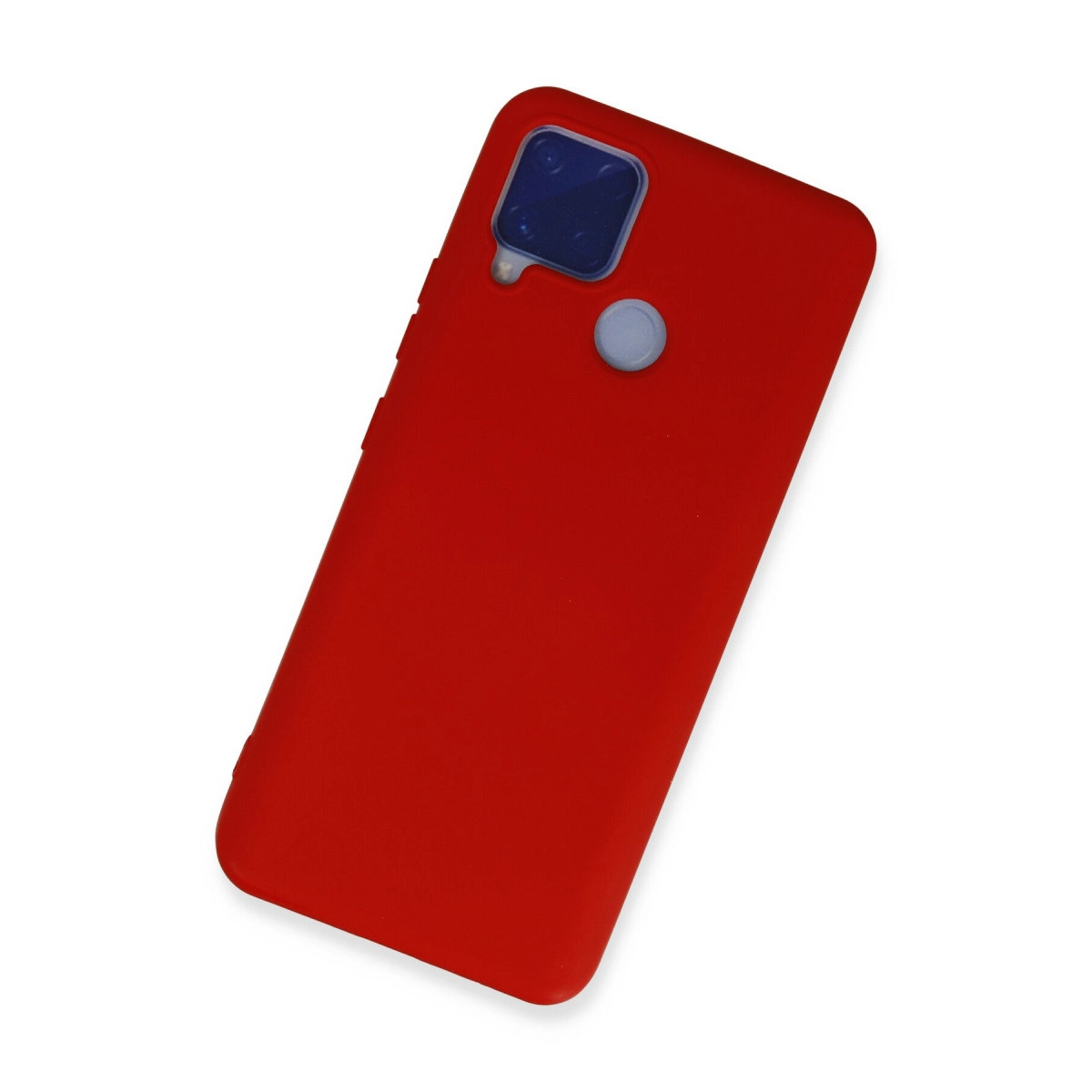Beyaz arka planda kare kamera çıkıntılı ve yuvarlak parmak izi sensörlü kırmızı telefon kılıfı.