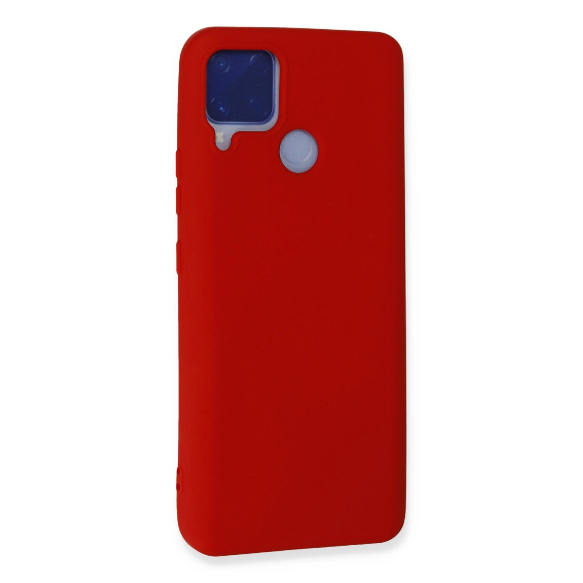 Beyaz arka planda kare kamera boşluğuna ve yuvarlak parmak izi okuyucuya sahip kırmızı akıllı telefon kılıfı.