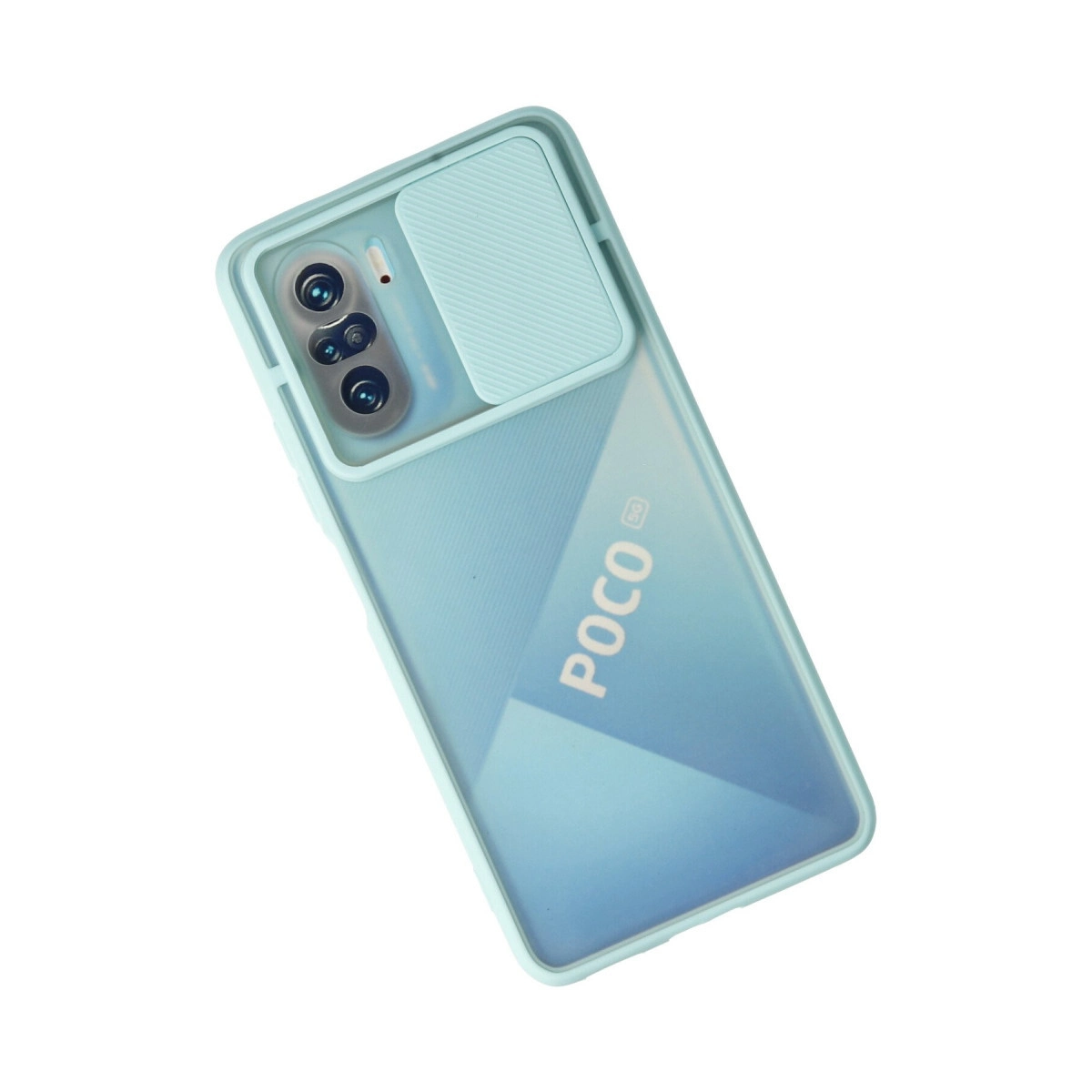 Beyaz arka planda arkadan görünen, kayar kamera kapaklı koruyucu kılıf içindeki açık mavi Poco akıllı telefon.