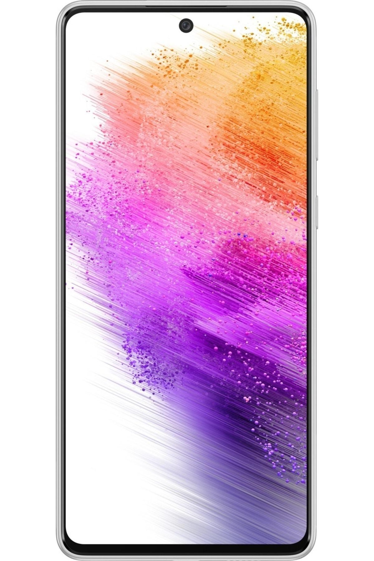 Beyaz çerçeveli ve turuncu ile mor çizgili renkli soyut arka plana sahip bir akıllı telefon.